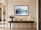 William Trost Richards Print, Lake Placid, Adirondack Mountains displayed above a console table
