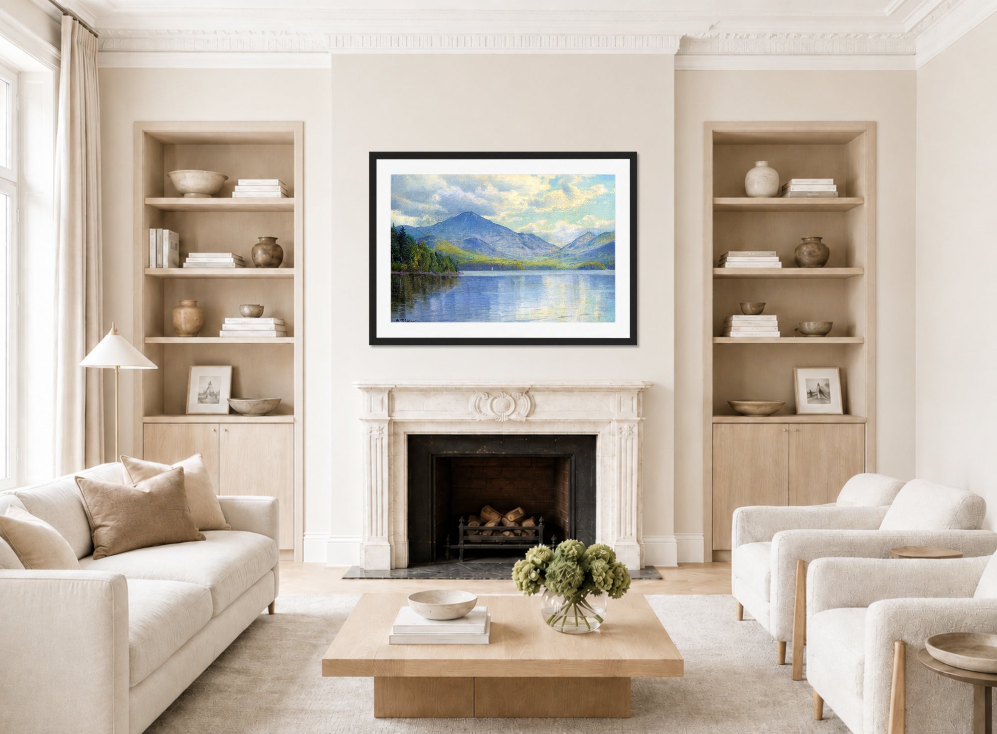 William Trost Richards Print, Lake Placid, Adirondack Mountains displayed in a Scandinavian living room