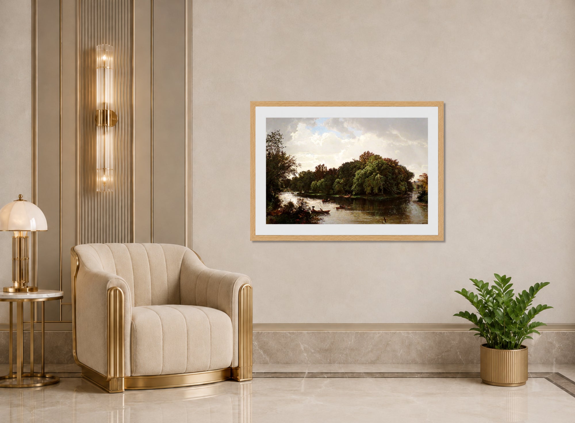 William Trost Richards Print, Lake Scene, Boating (1861) displayed in an Art Deco interior
