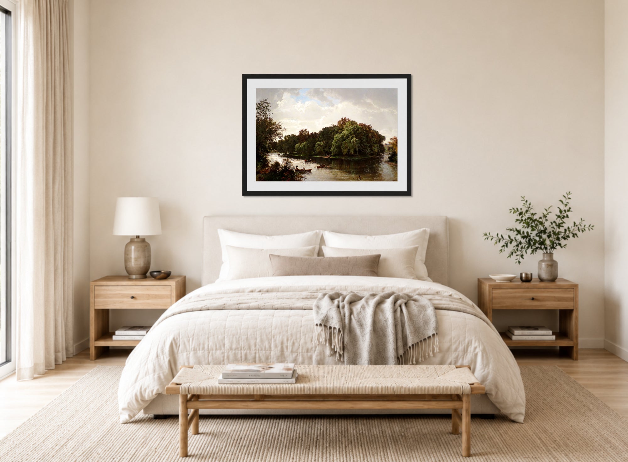 William Trost Richards Print, Lake Scene, Boating (1861) displayed above a bed