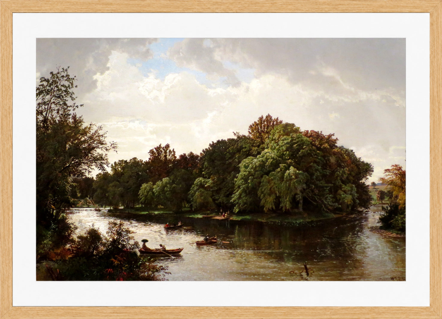 William Trost Richards Print, Lake Scene, Boating (1861) in a light oak frame
