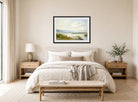 William Trost Richards Print, Lake Squam and the Sandwich Mountains (1872) displayed above a bed