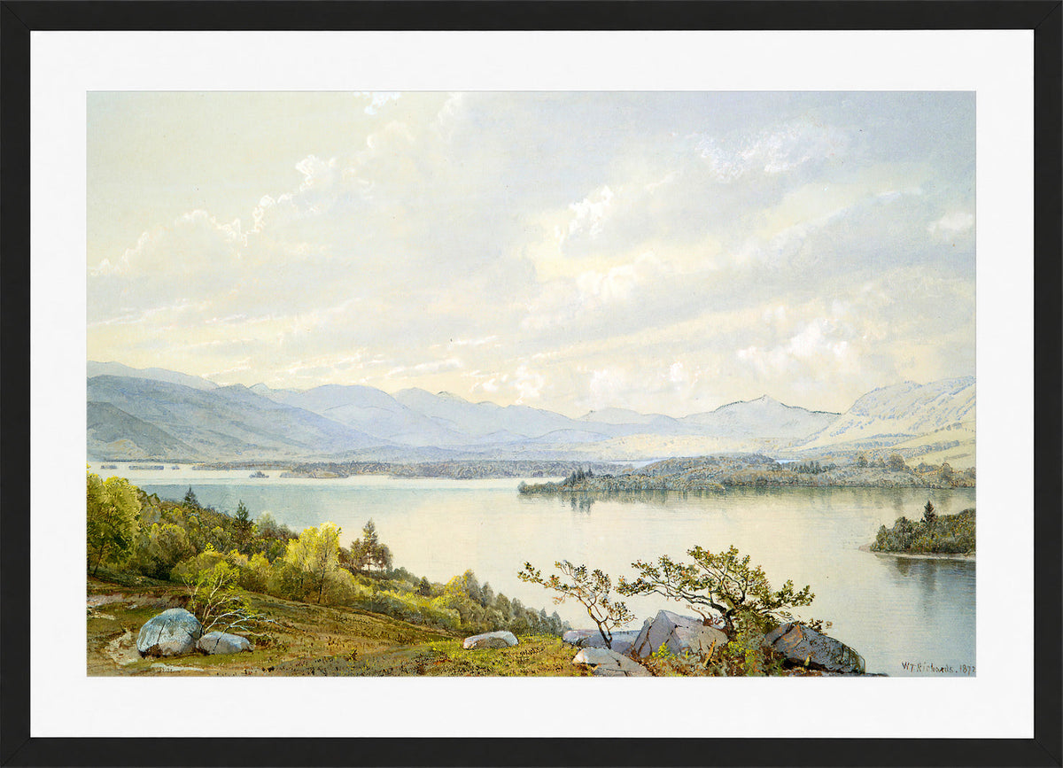 William Trost Richards Print, Lake Squam and the Sandwich Mountains (1872) in a black frame