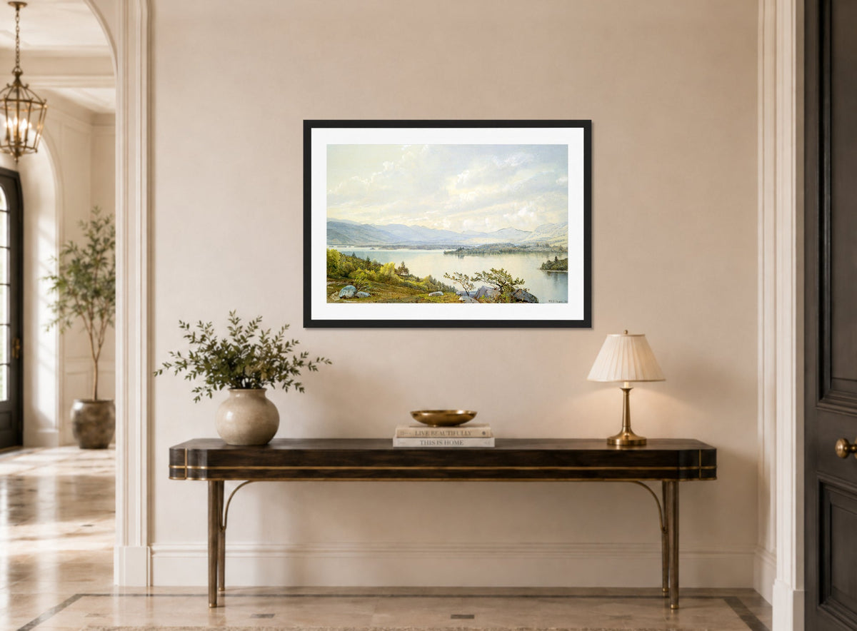 William Trost Richards Print, Lake Squam and the Sandwich Mountains (1872) displayed above a console table