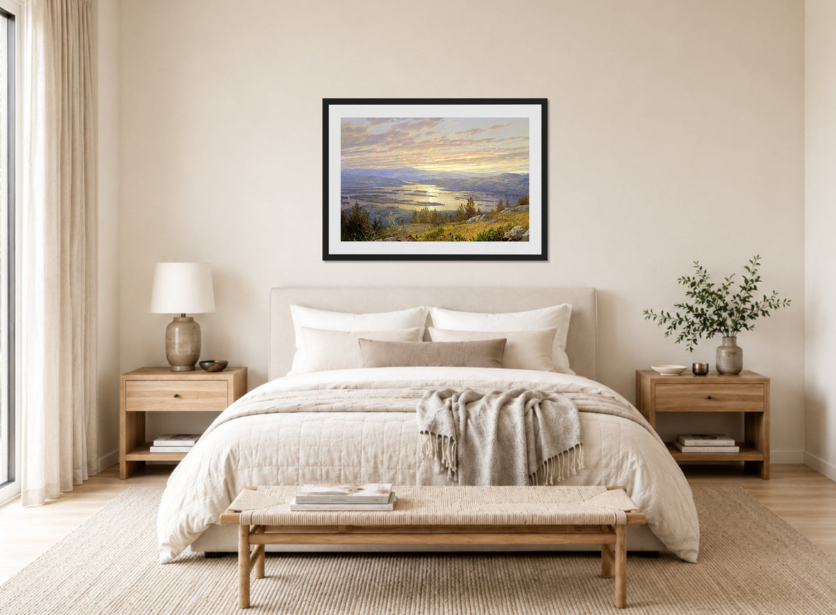 William Trost Richards Print, Lake Squam from Red Hill (1874) displayed above a bed