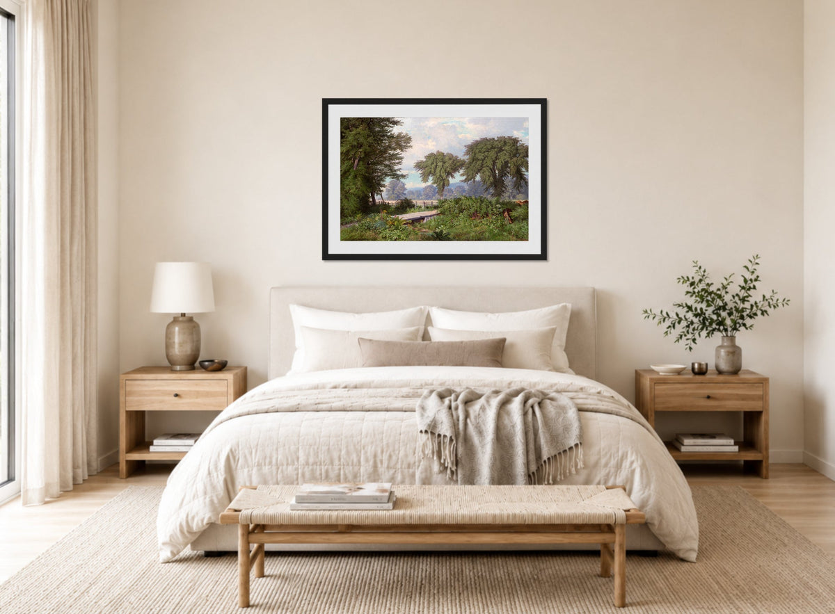 William Trost Richards Print, Landscape (1860) displayed above a bed