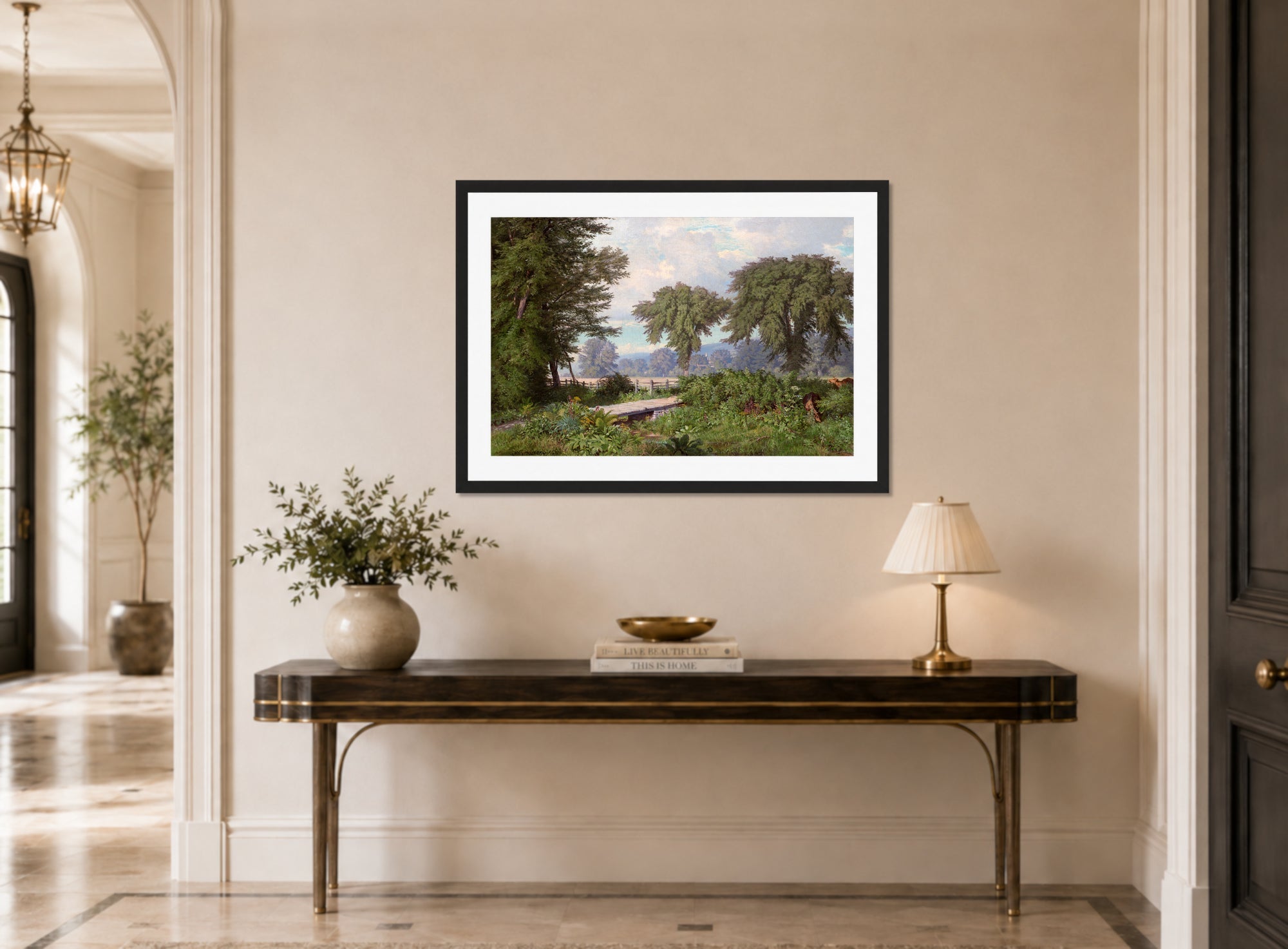 William Trost Richards Print, Landscape (1860) displayed above a console table