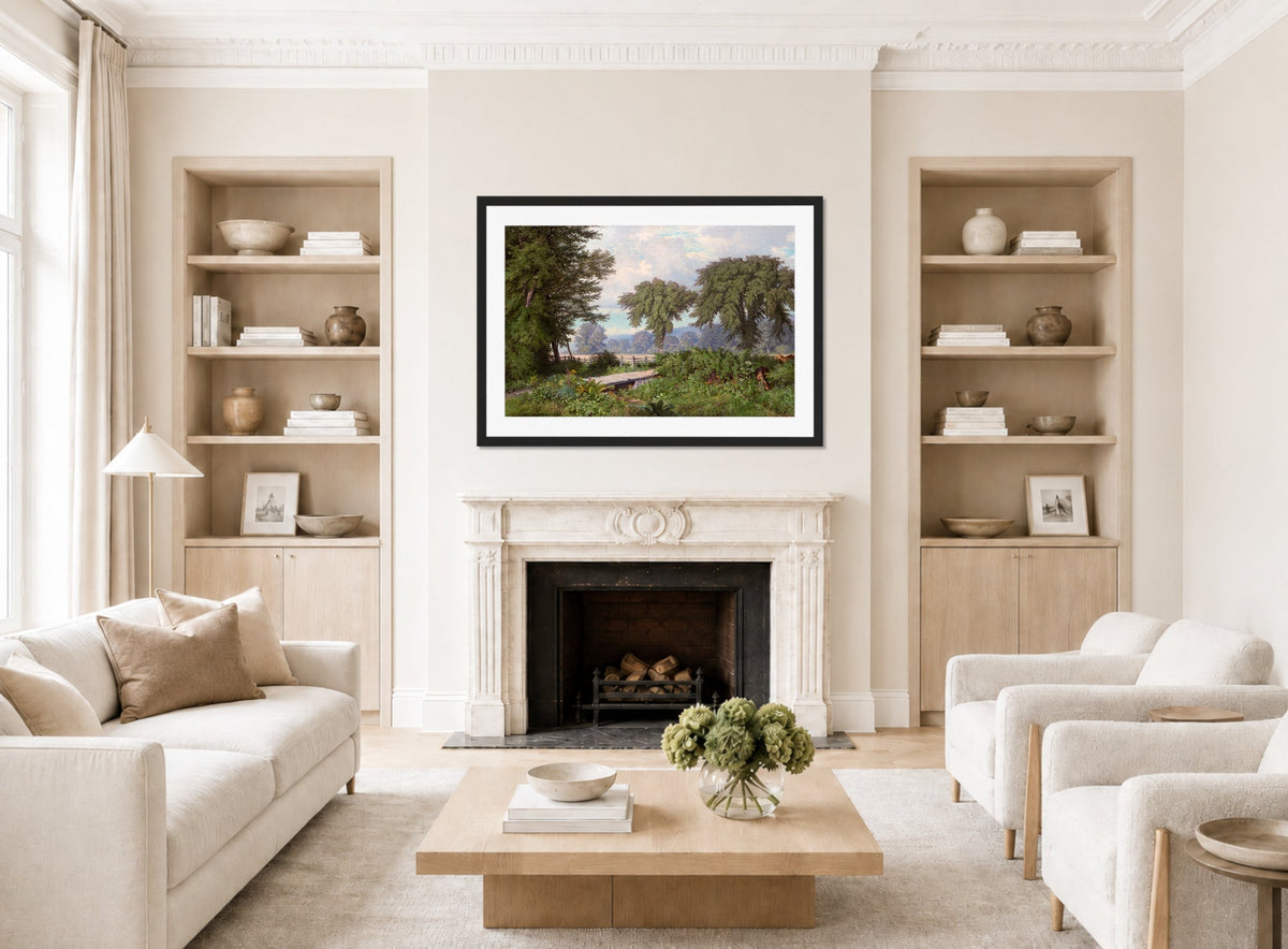 William Trost Richards Print, Landscape (1860) displayed in a Scandinavian living room