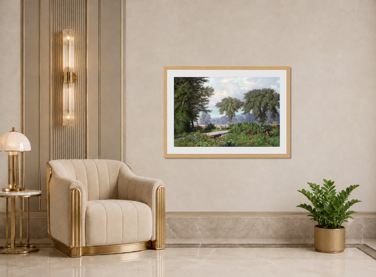 William Trost Richards Print, Landscape (1860) displayed in an Art Deco interior