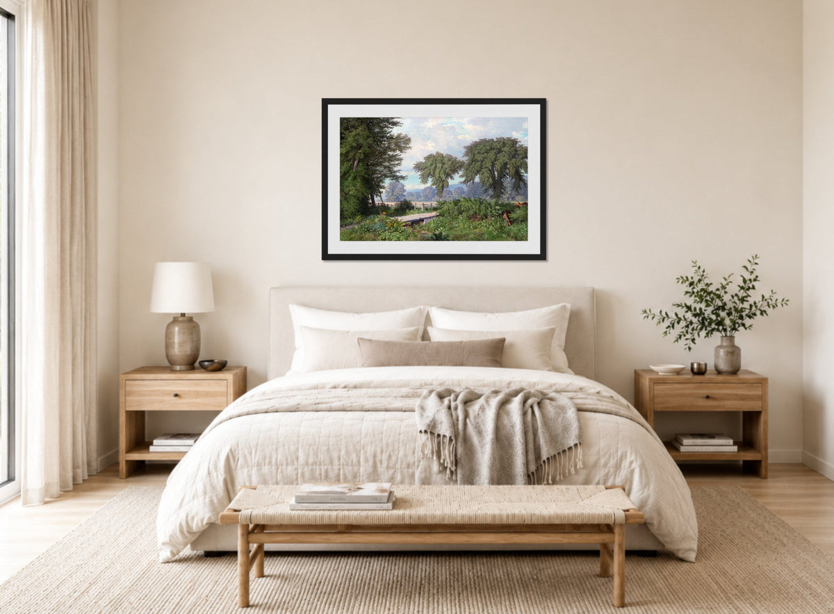 William Trost Richards Print, Landscape (1860) displayed above a bed