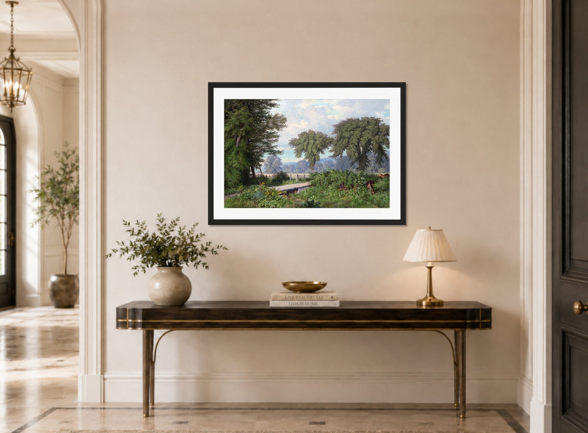 William Trost Richards Print, Landscape (1860) displayed above a console table