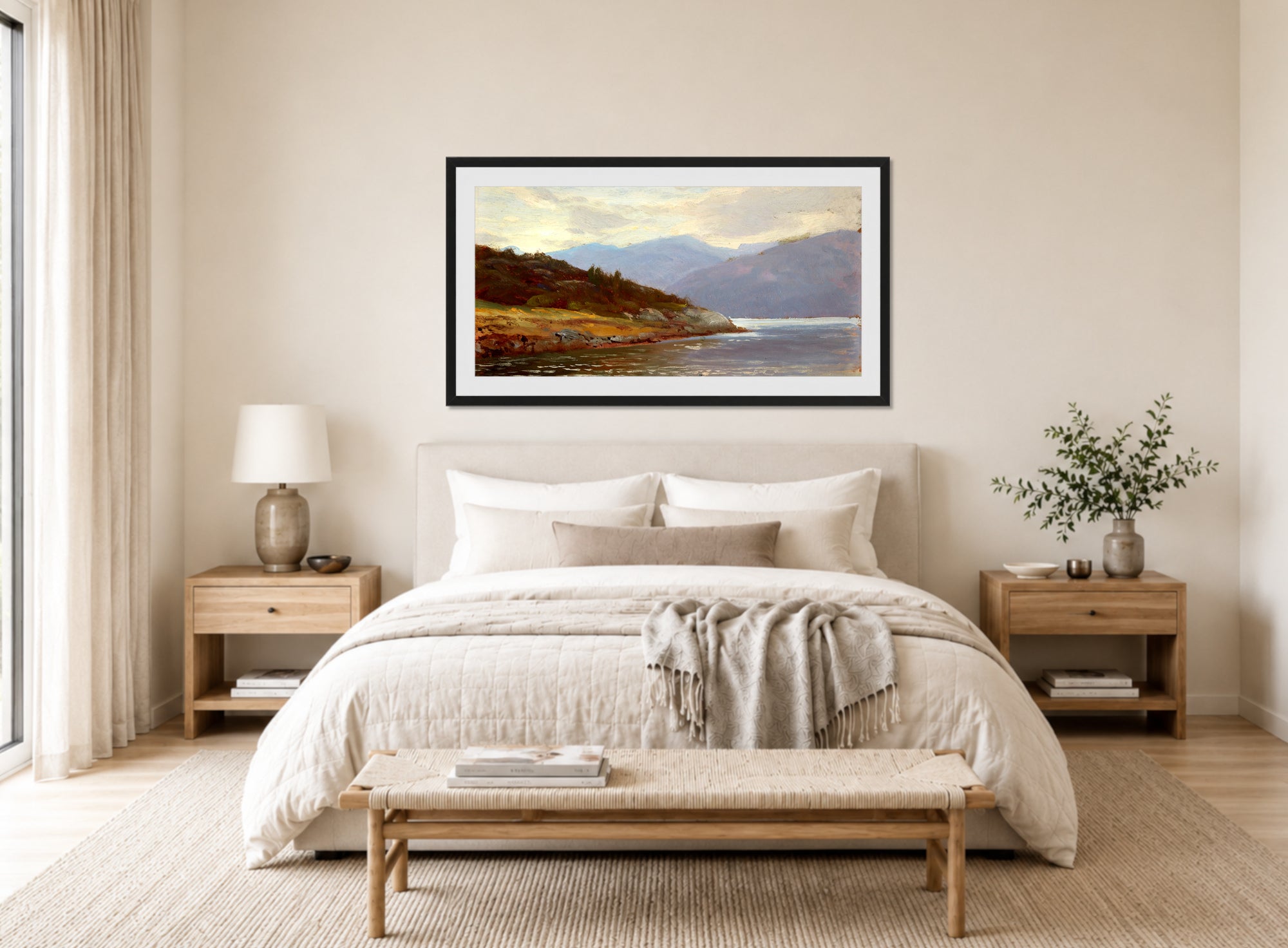 William Trost Richards Print, Looking Westward, Norway (Lake Scene) displayed above a bed