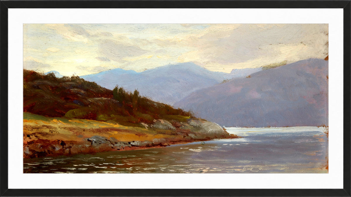 William Trost Richards Print, Looking Westward, Norway (Lake Scene) in a black frame