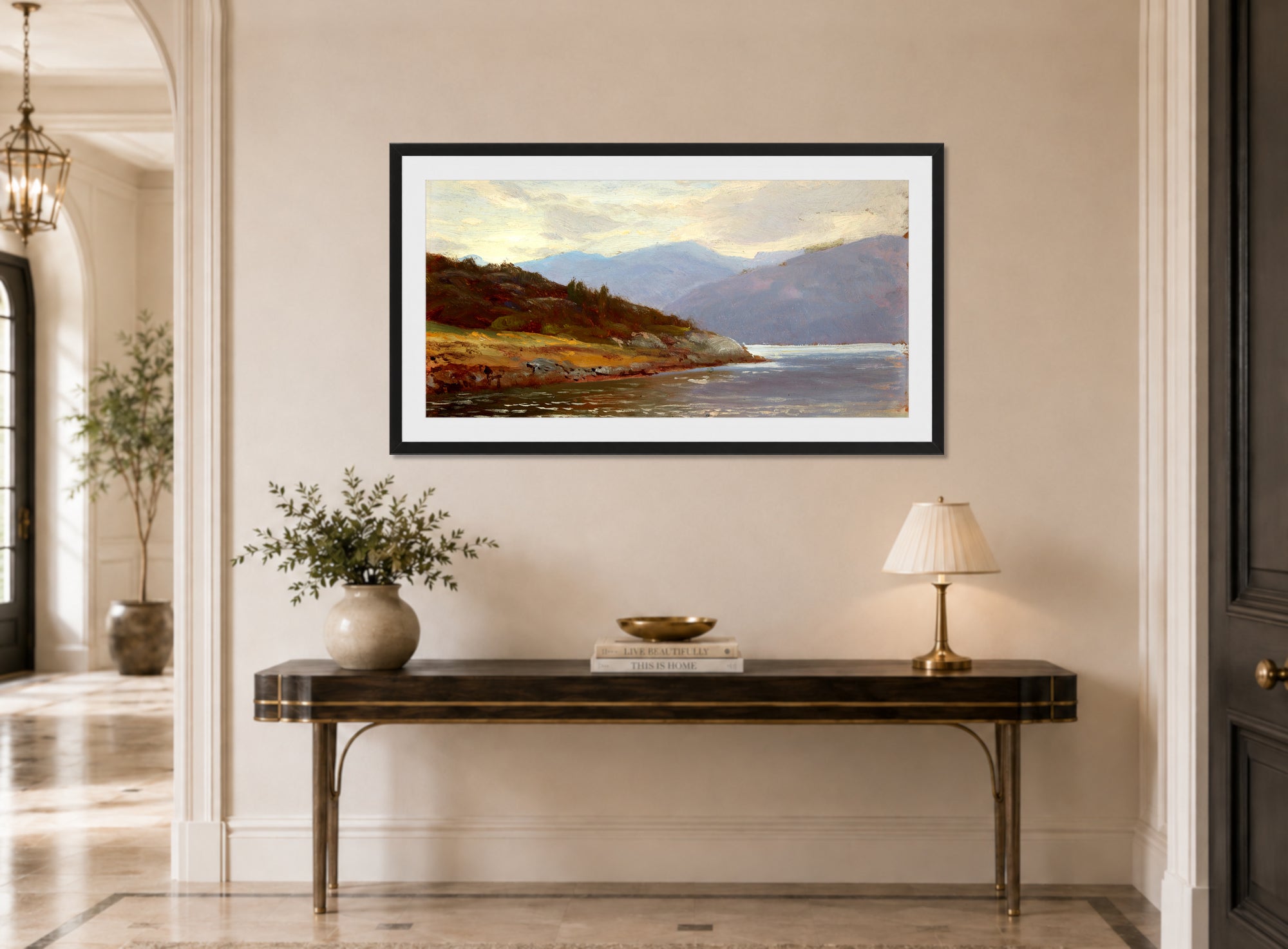 William Trost Richards Print, Looking Westward, Norway (Lake Scene) displayed above a console table