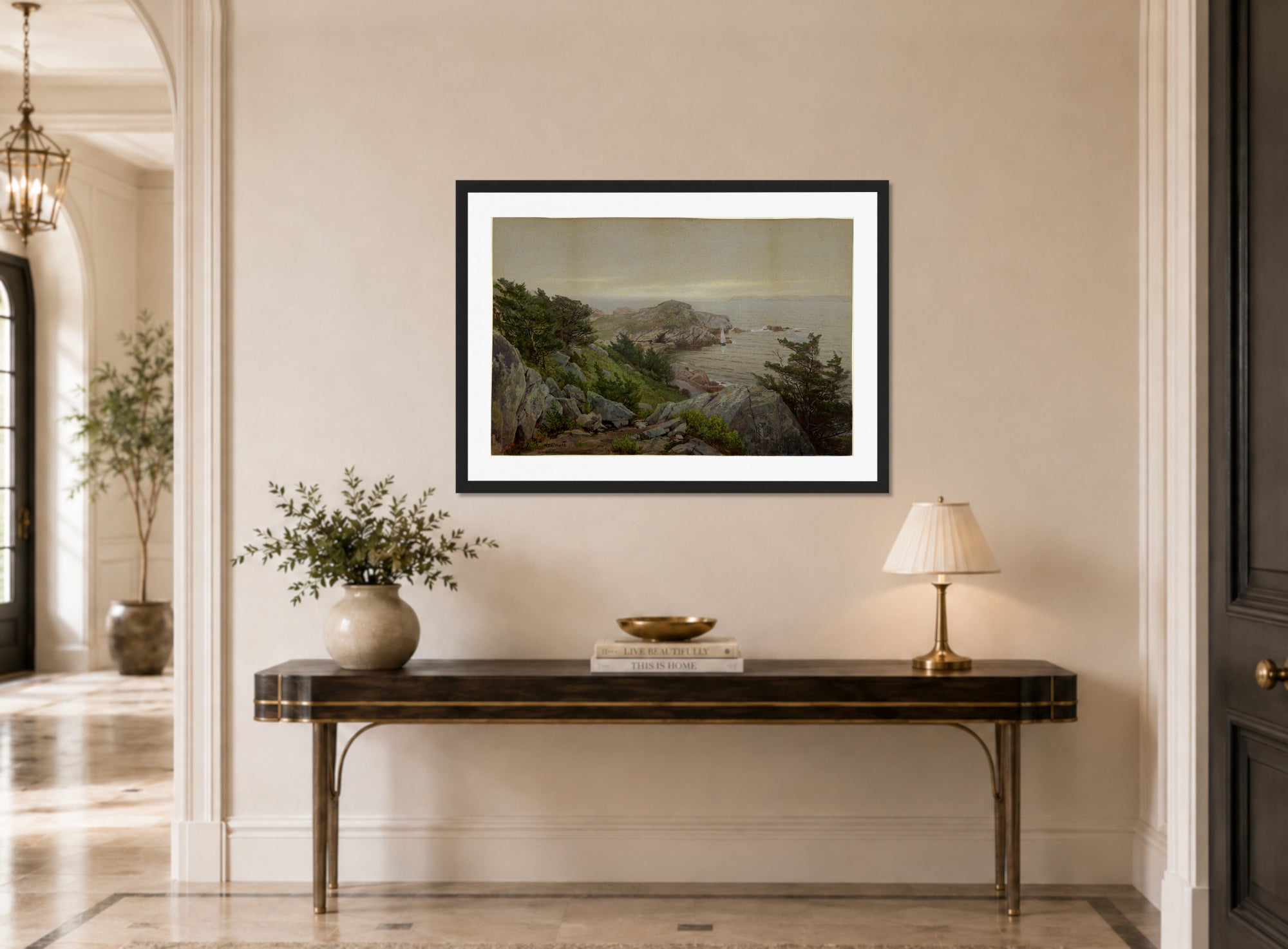 William Trost Richards Print, Mackerel Cove (1877) displayed above a console table