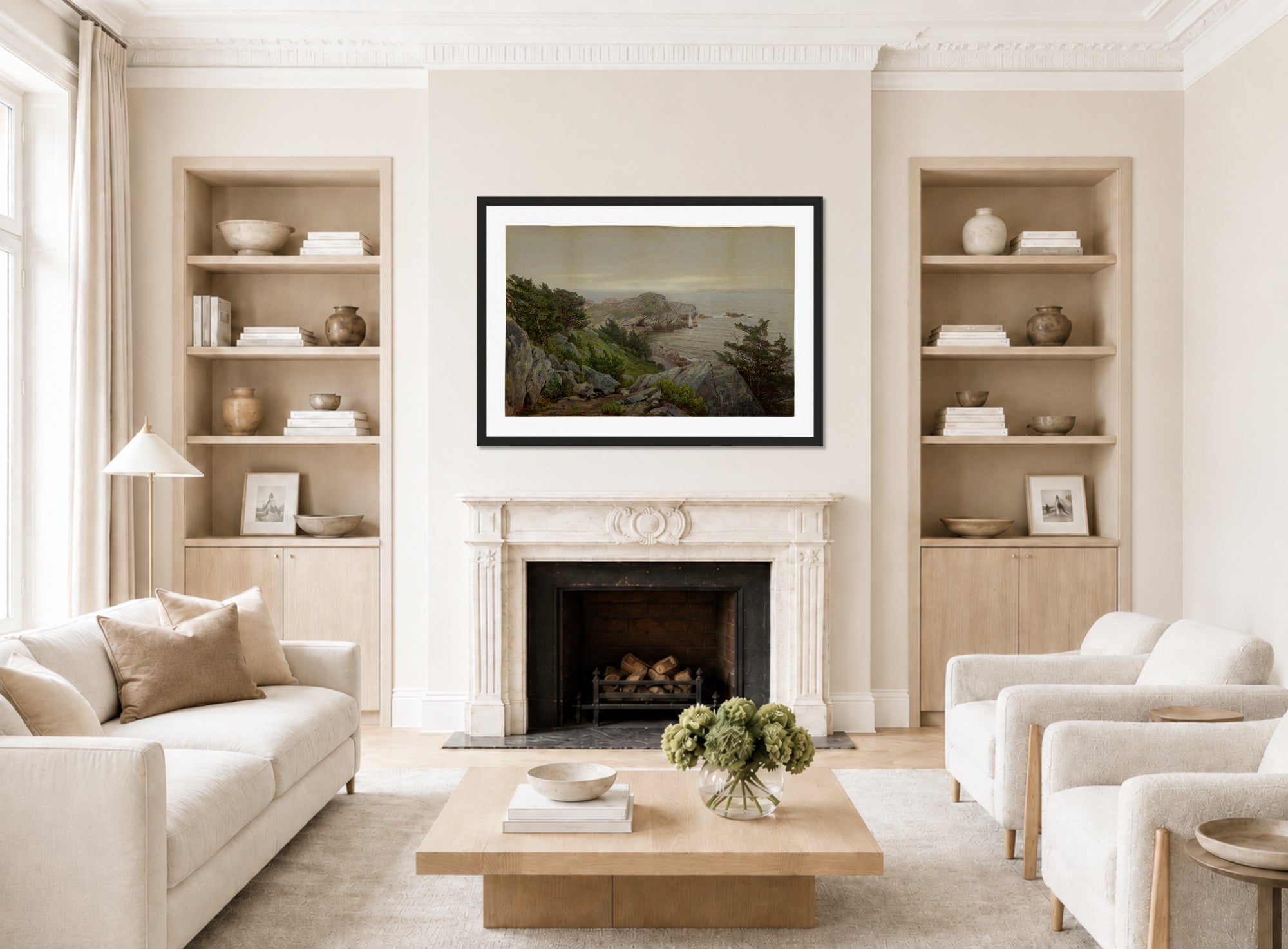 William Trost Richards Print, Mackerel Cove (1877) displayed in a Scandinavian living room