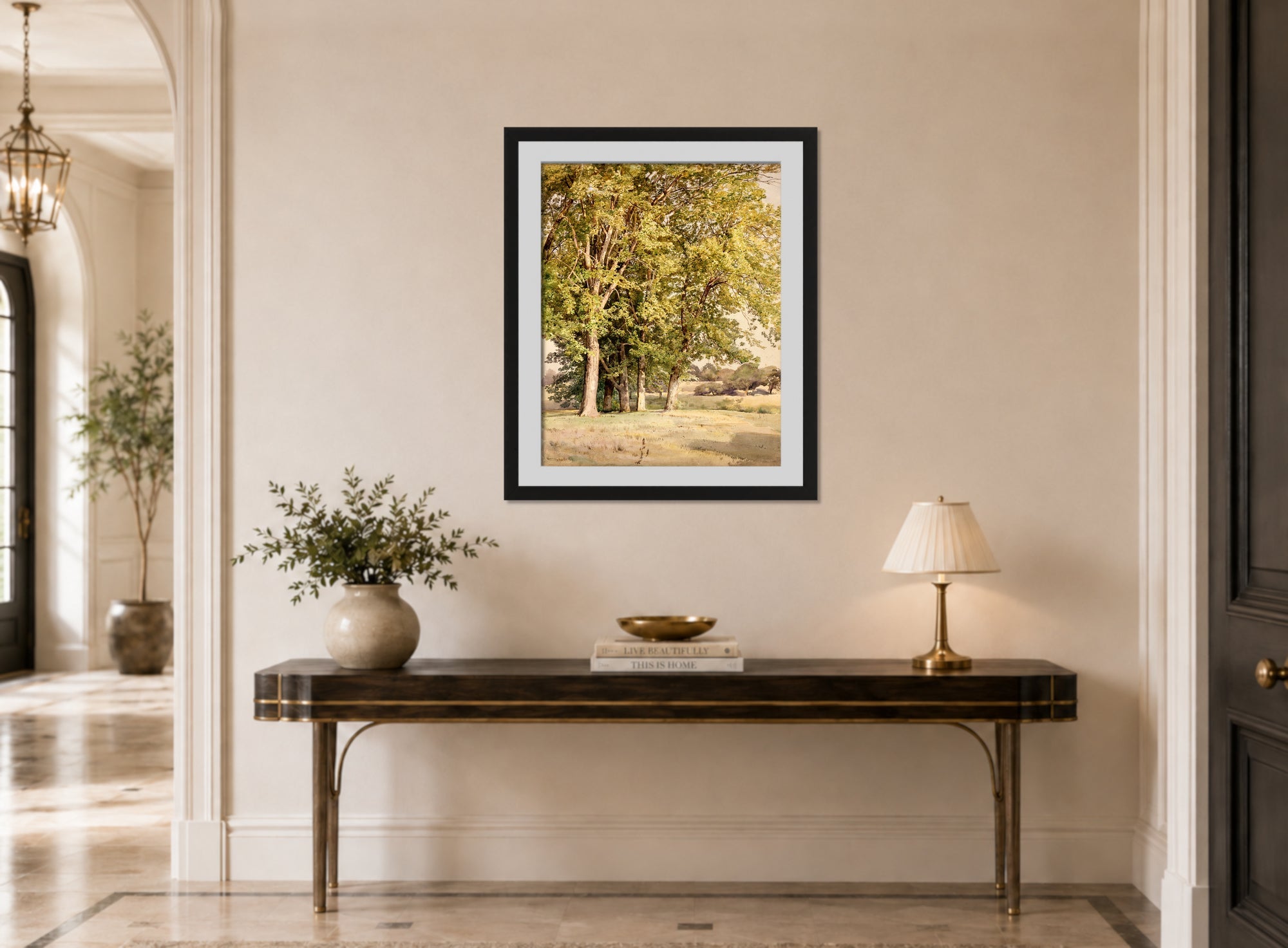 William Trost Richards Print, Maples in Chester County, Pennsylvania (1889) displayed above a console table