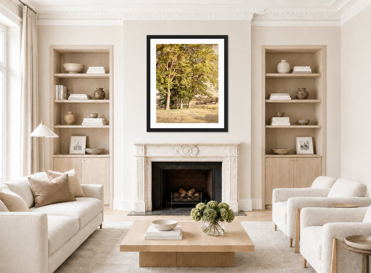 William Trost Richards Print, Maples in Chester County, Pennsylvania (1889) displayed in a Scandinavian living room