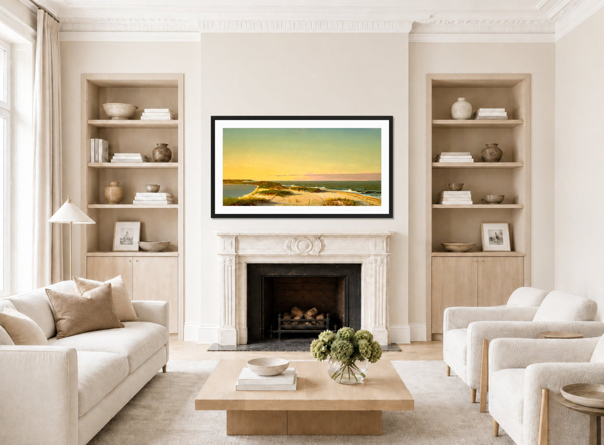 William Trost Richards Print, Nantucket Shore (1865) displayed in a Scandinavian living room
