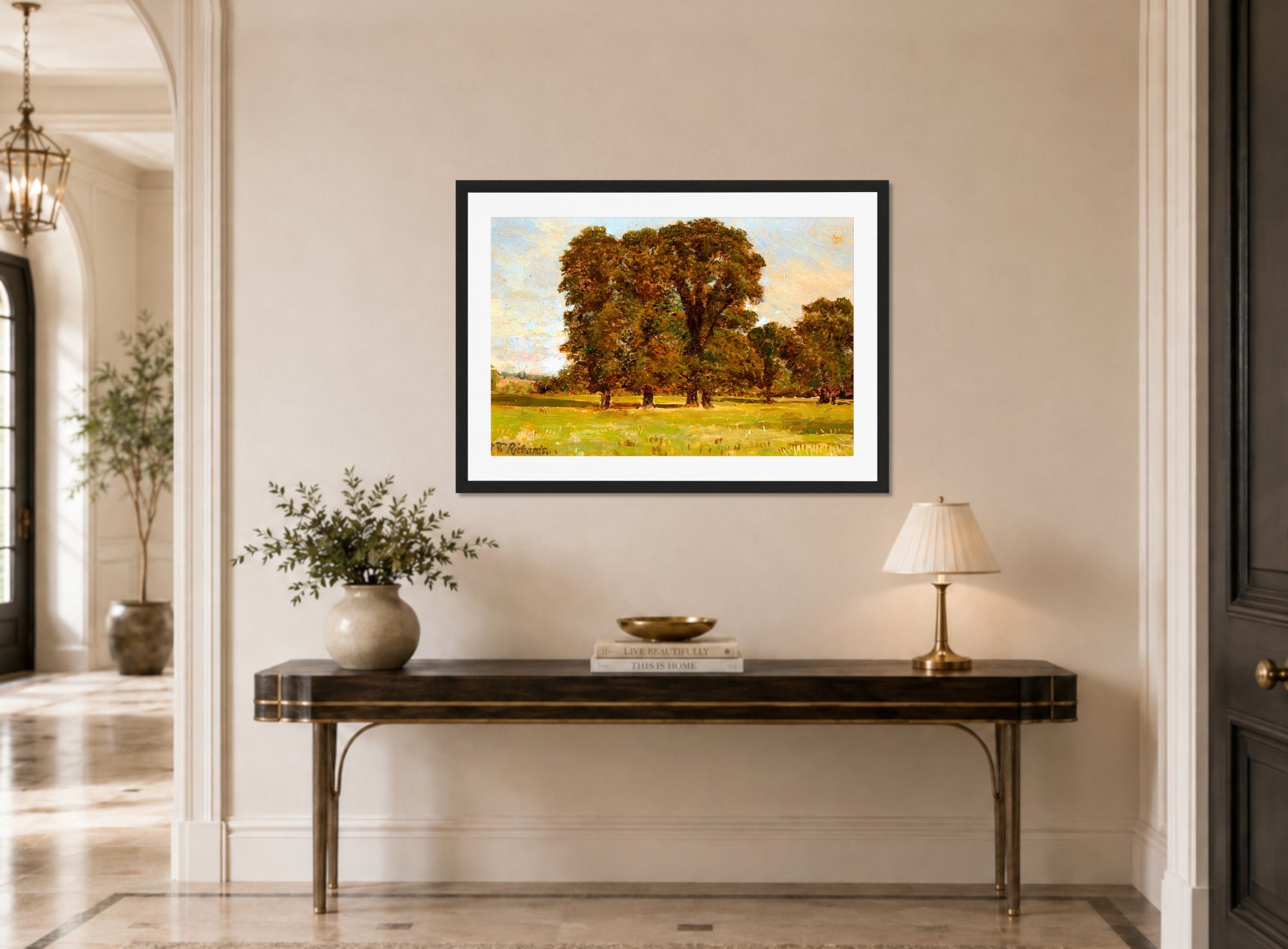 William Trost Richards Print, Near Salisbury, England displayed above a console table