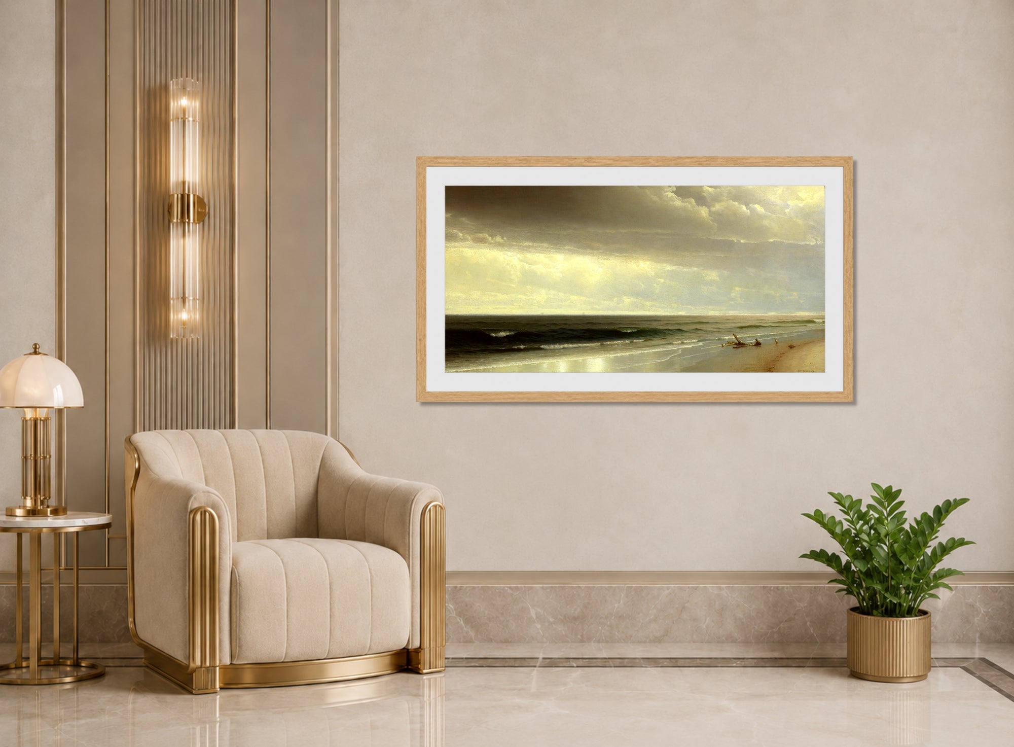William Trost Richards Print, New Jersey Shore (1873) displayed in an Art Deco interior
