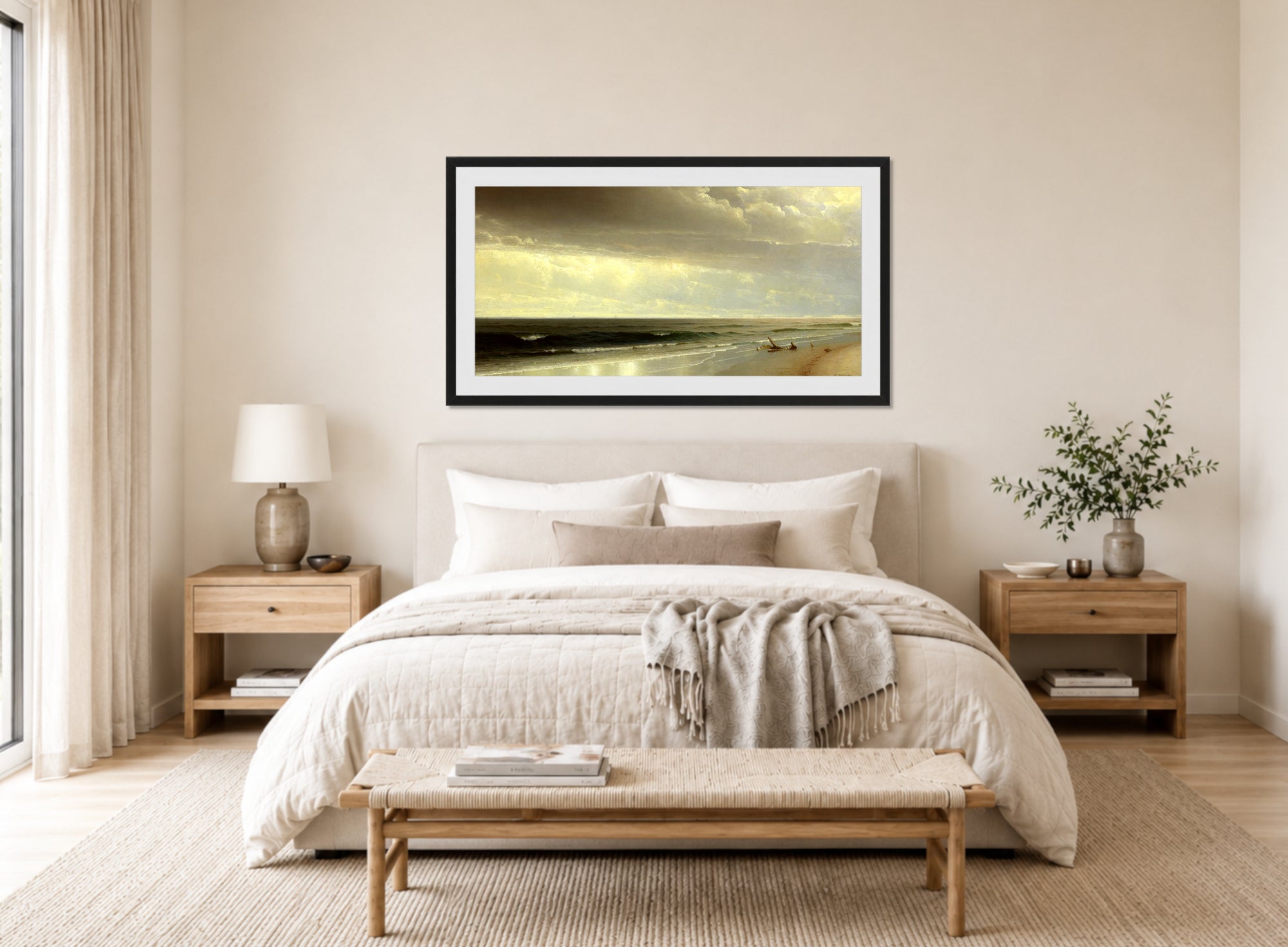 William Trost Richards Print, New Jersey Shore (1873) displayed above a bed
