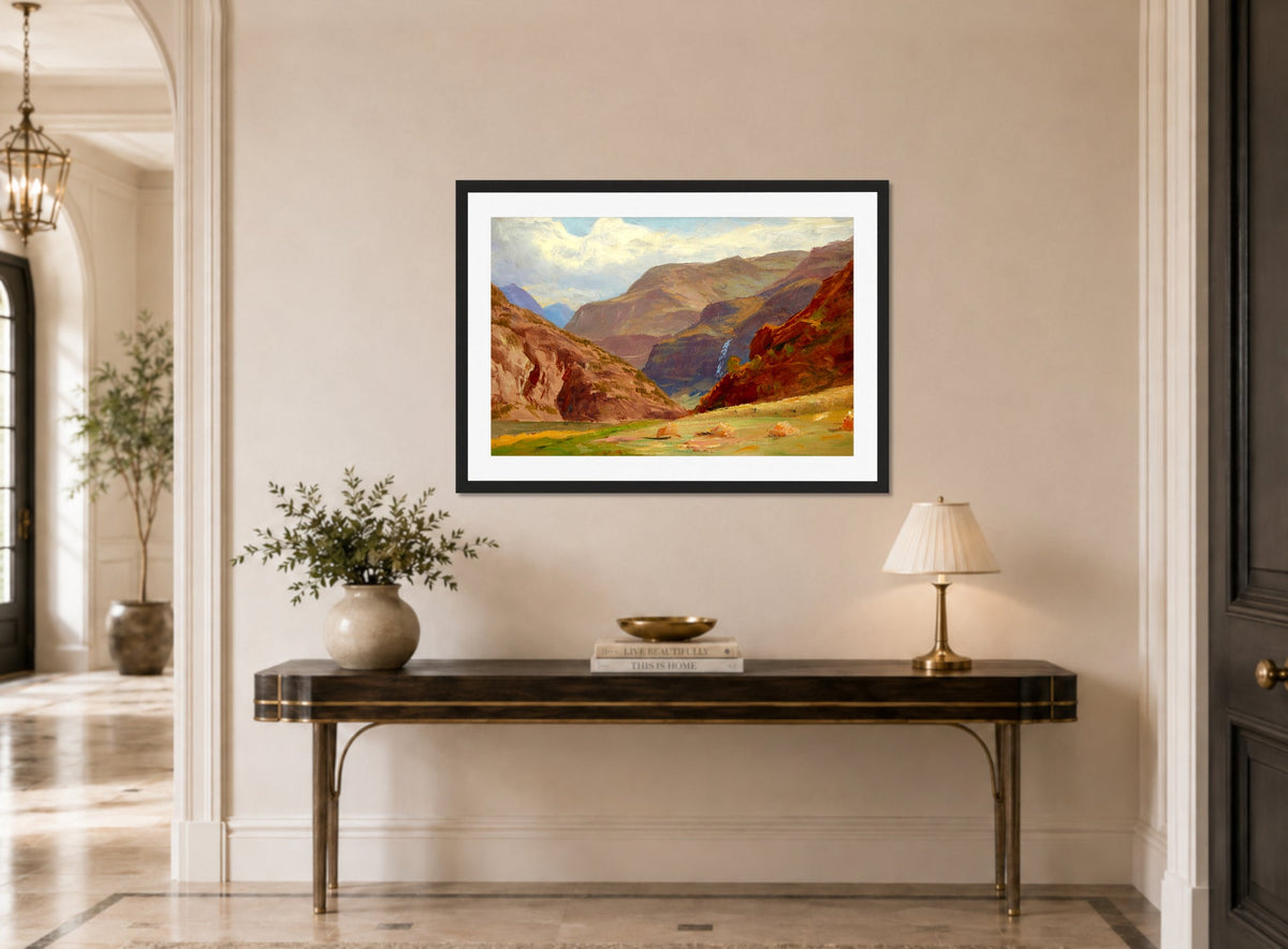 William Trost Richards Print, Norway displayed above a console table