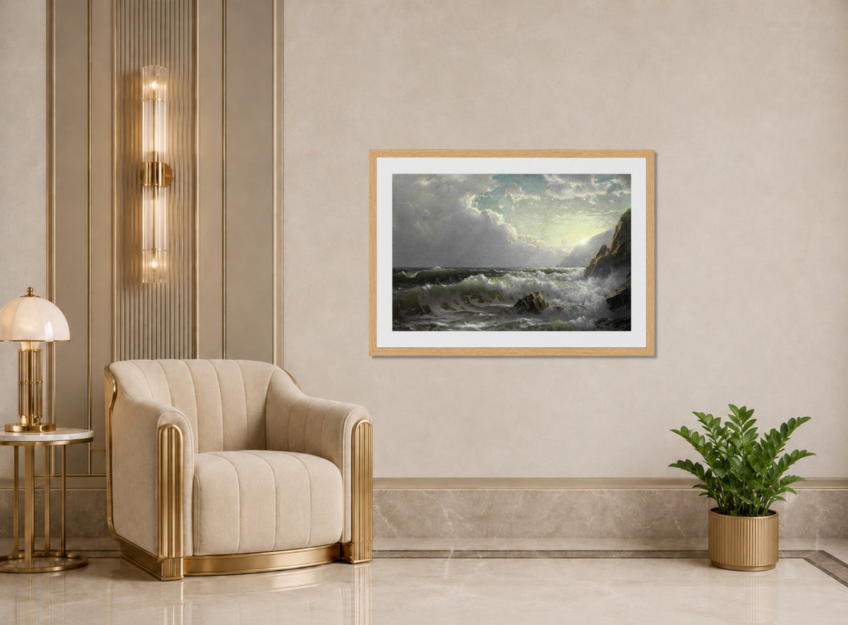 William Trost Richards Print, Off the Coast of Cornwall (1904) displayed in an Art Deco interior