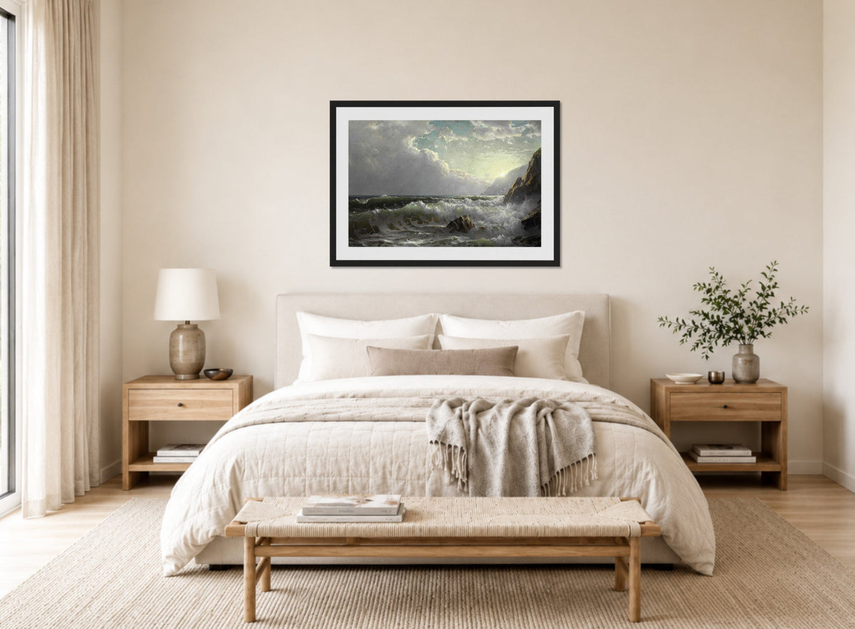 William Trost Richards Print, Off the Coast of Cornwall (1904) displayed above a bed