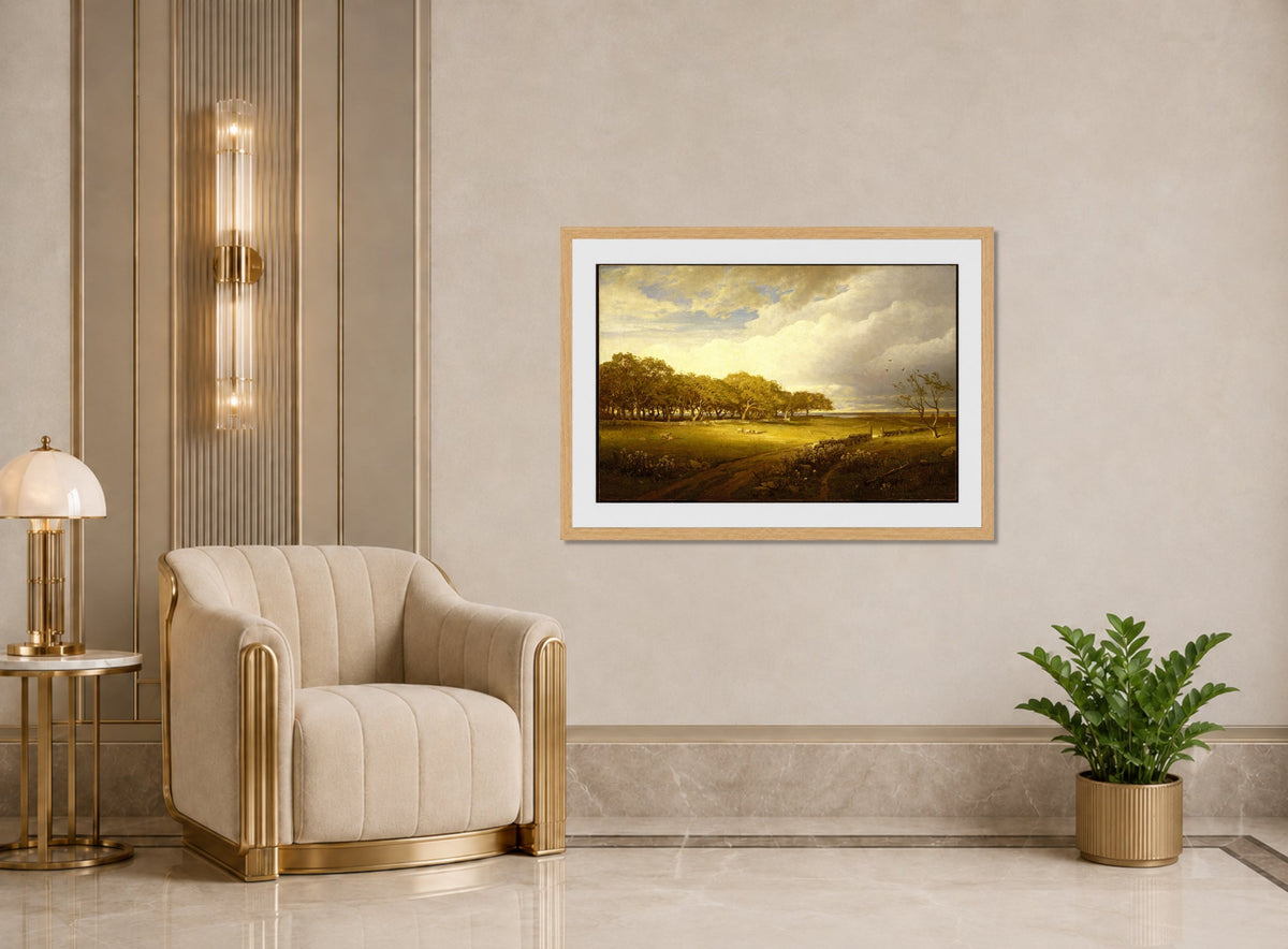 William Trost Richards Print, Old Orchard at Newport displayed in an Art Deco interior