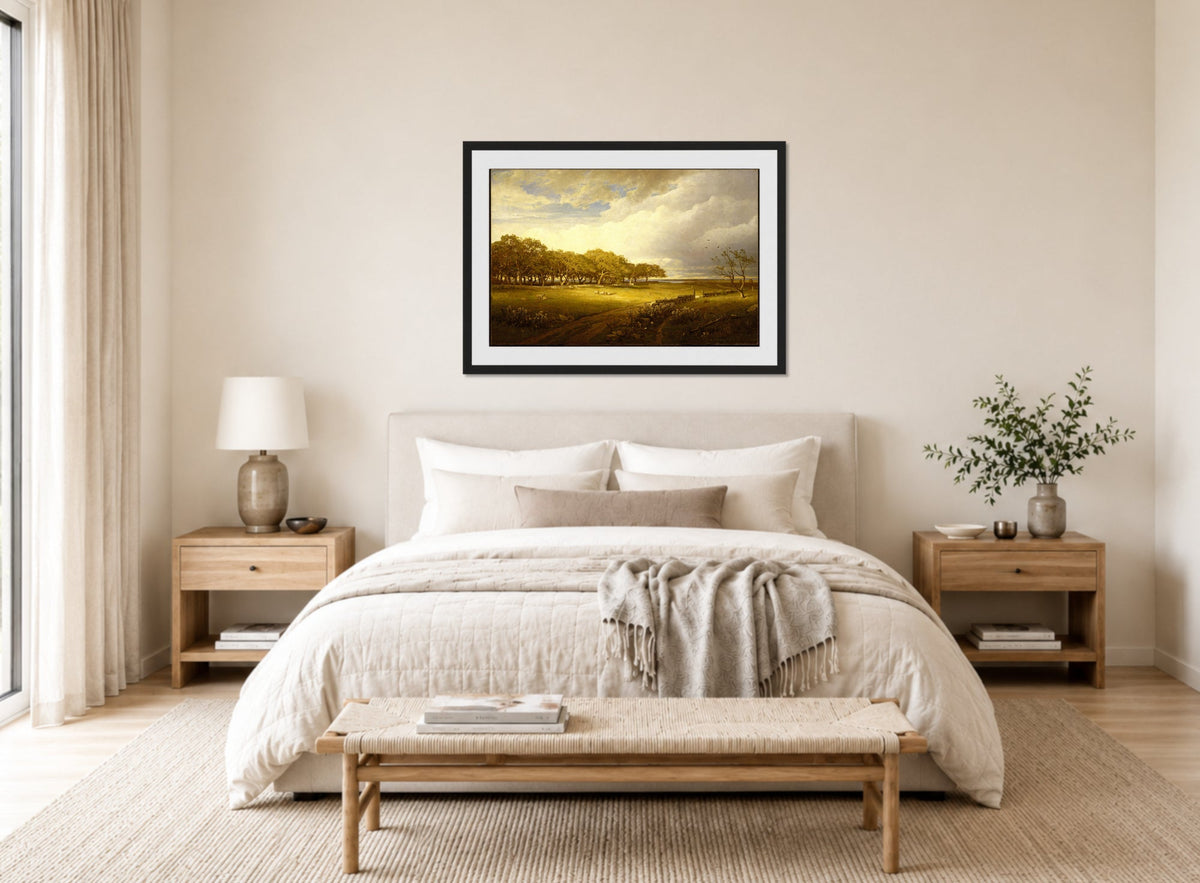 William Trost Richards Print, Old Orchard at Newport displayed above a bed