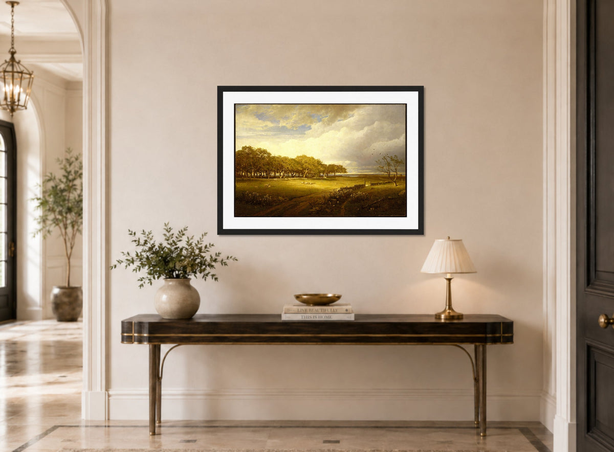 William Trost Richards Print, Old Orchard at Newport displayed above a console table