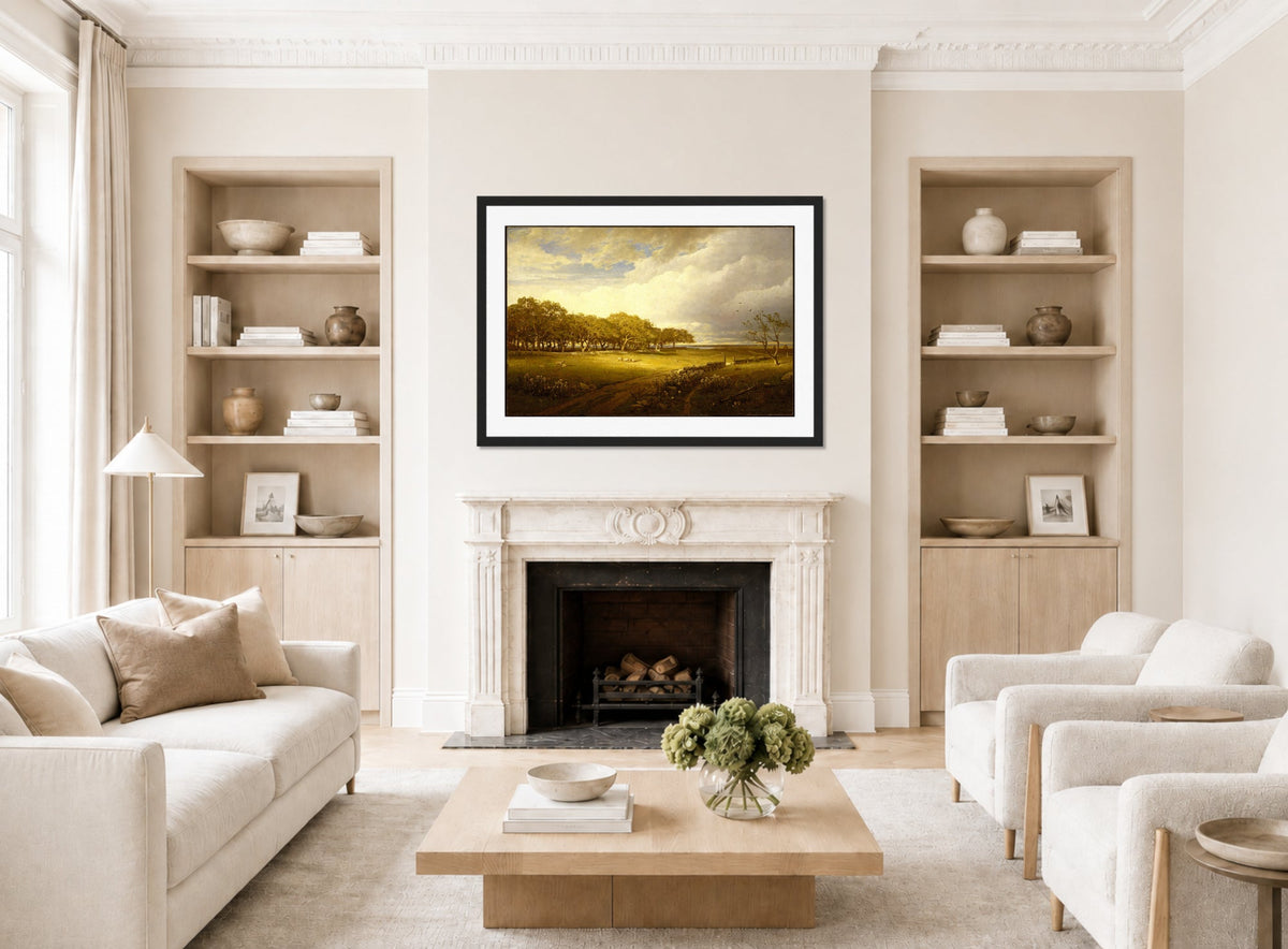 William Trost Richards Print, Old Orchard at Newport displayed in a Scandinavian living room