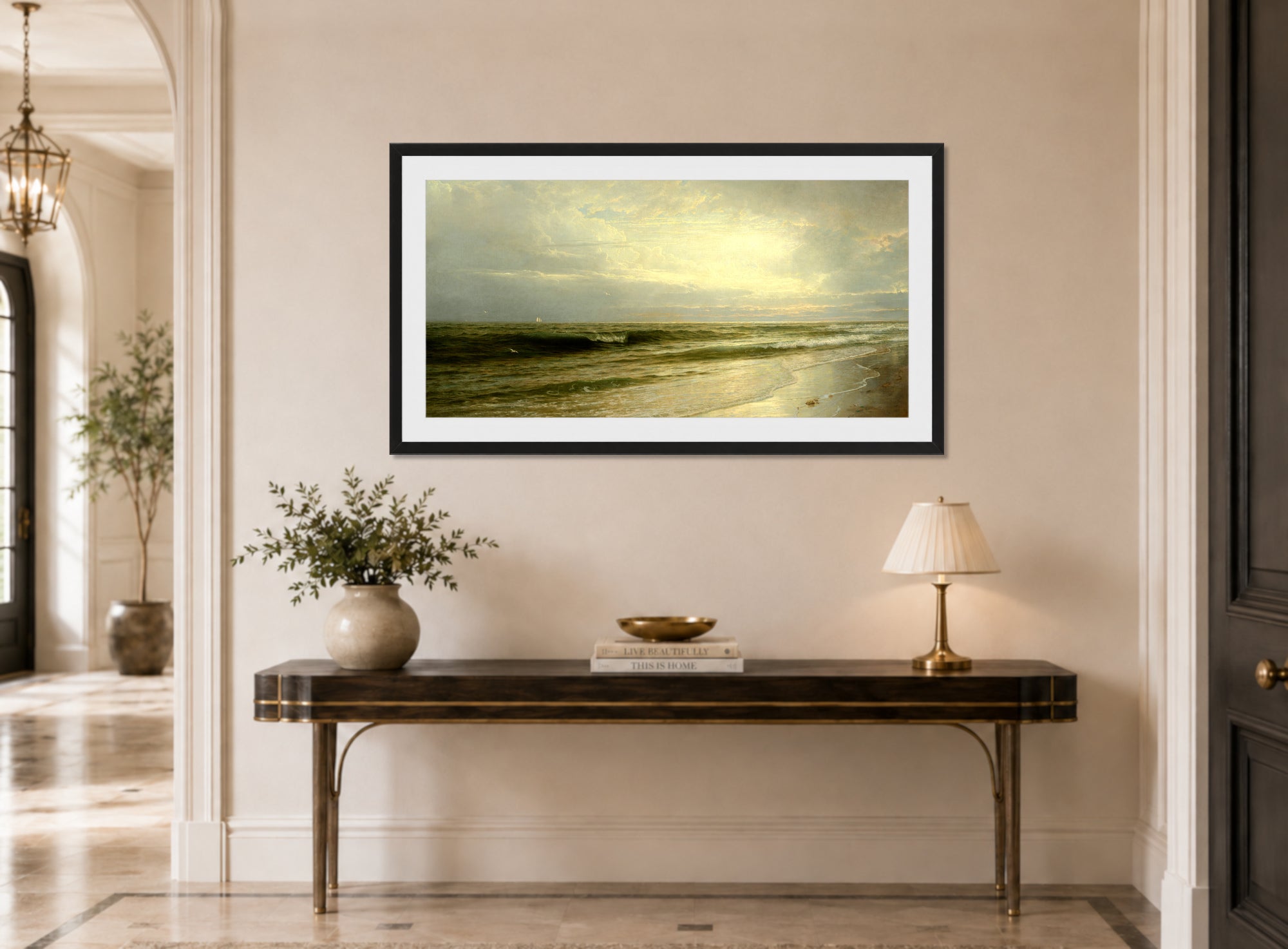 William Trost Richards Print, On the Coast of New Jersey (1883) displayed above a console table