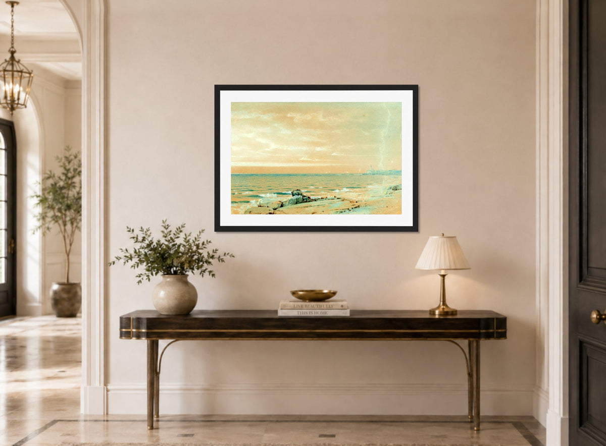 William Trost Richards Print, Point Judith (1871) displayed above a console table