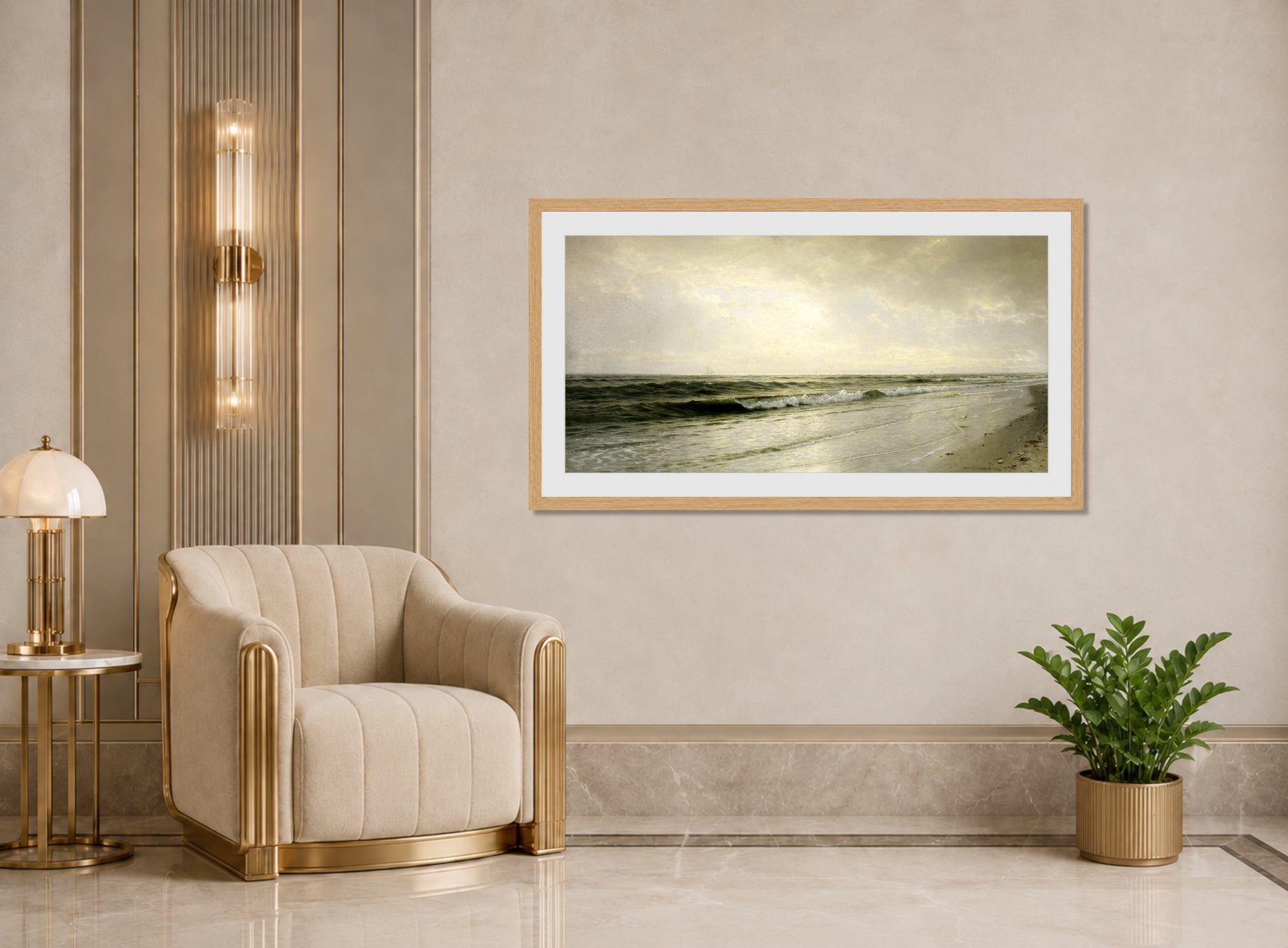 William Trost Richards Print, Quiet Seascape (1883) displayed in an Art Deco interior
