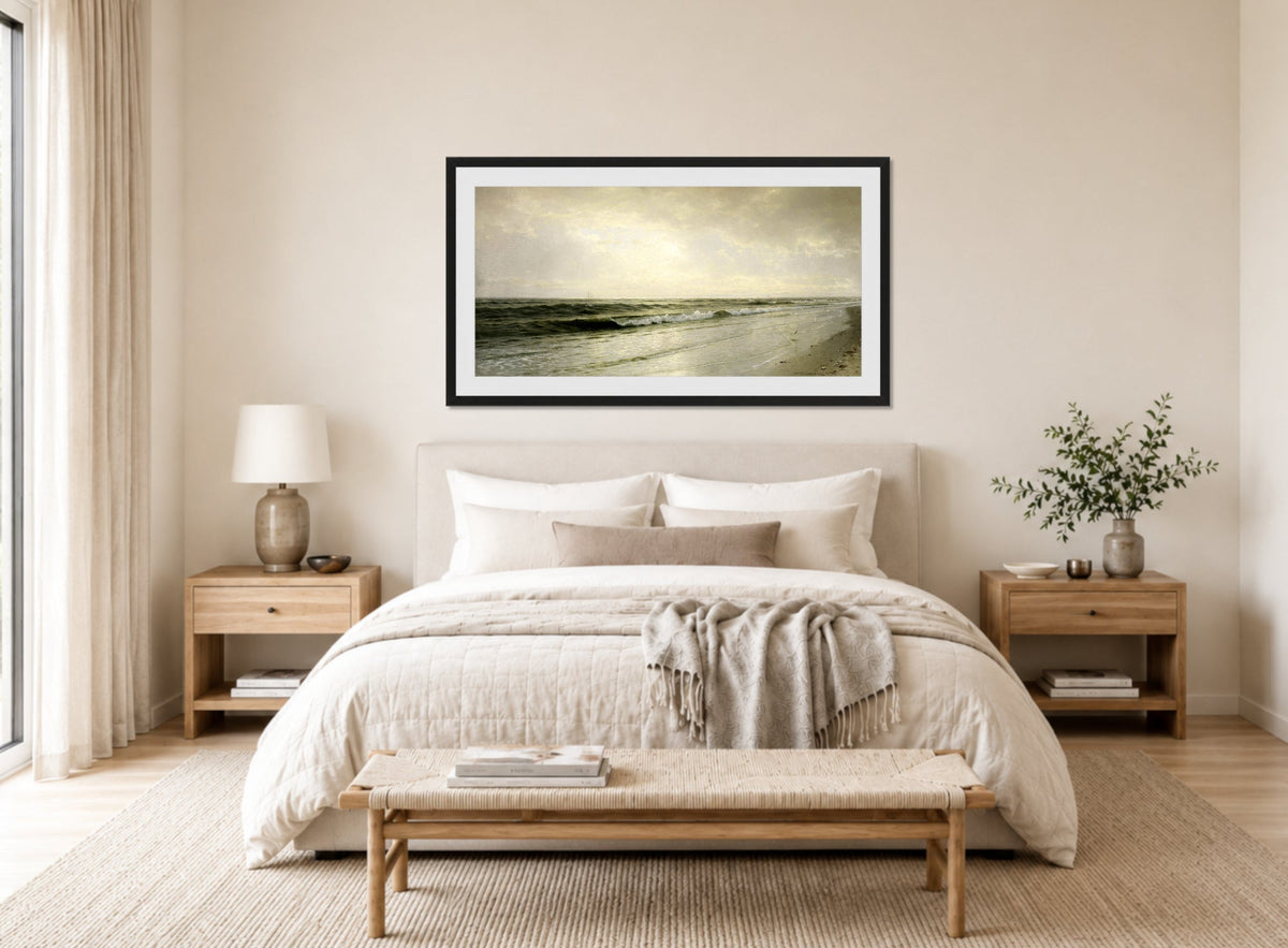 William Trost Richards Print, Quiet Seascape (1883) displayed above a bed