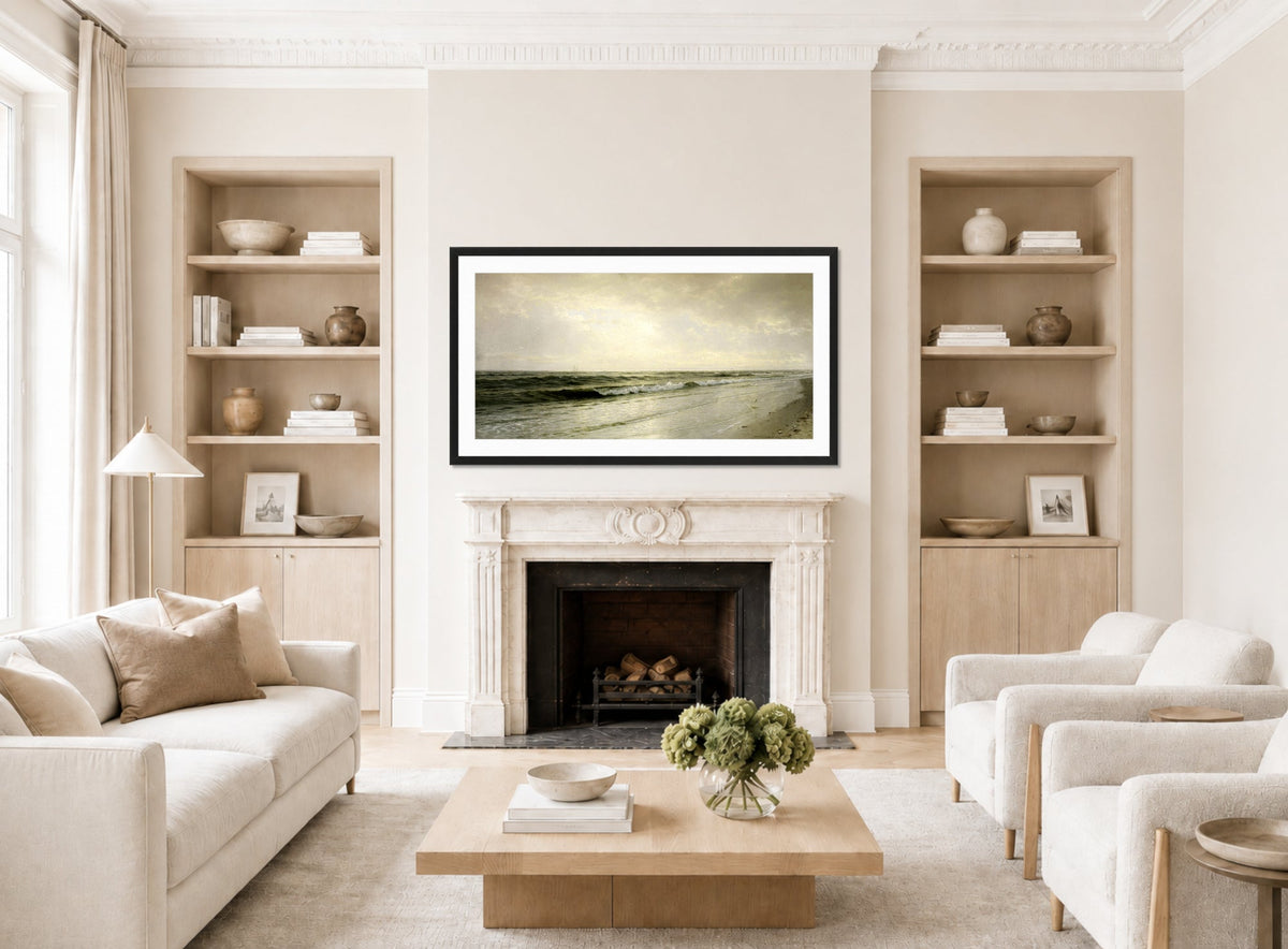 William Trost Richards Print, Quiet Seascape (1883) displayed in a Scandinavian living room