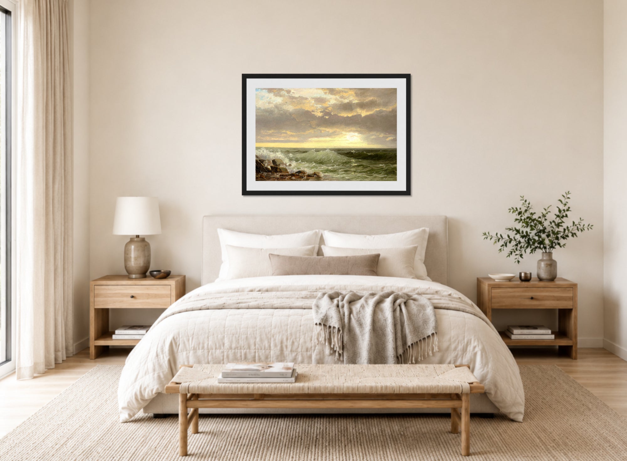 William Trost Richards Print, Rhode Island Coast displayed above a bed