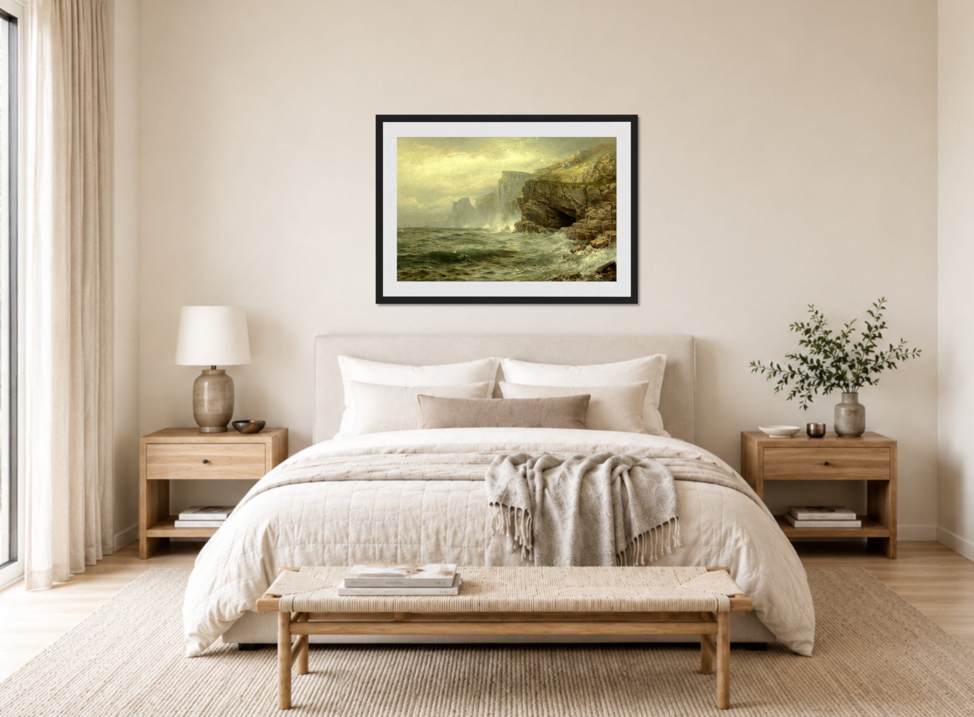 William Trost Richards Print, Rock Bound Coast (1885) displayed above a bed