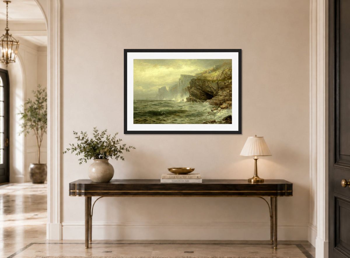 William Trost Richards Print, Rock Bound Coast (1885) displayed above a console table