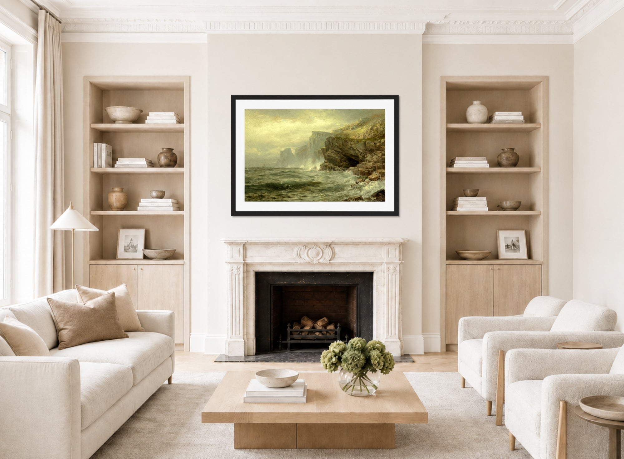 William Trost Richards Print, Rock Bound Coast (1885) displayed in a Scandinavian living room