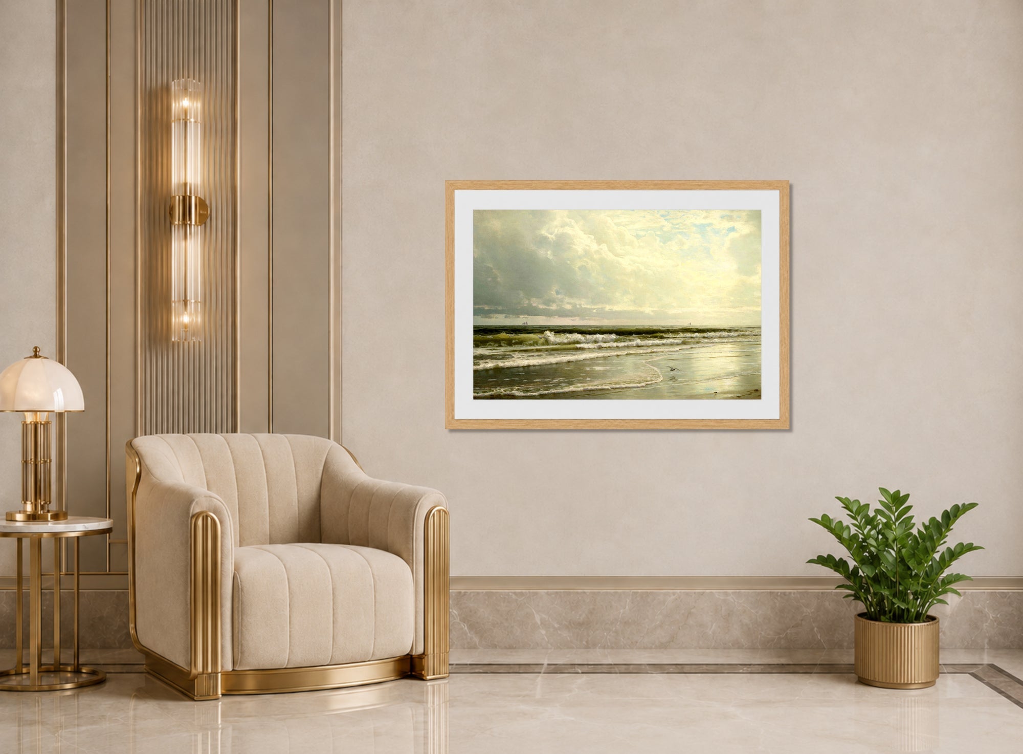 William Trost Richards Print, Rockaway Beach (1891) displayed in an Art Deco interior