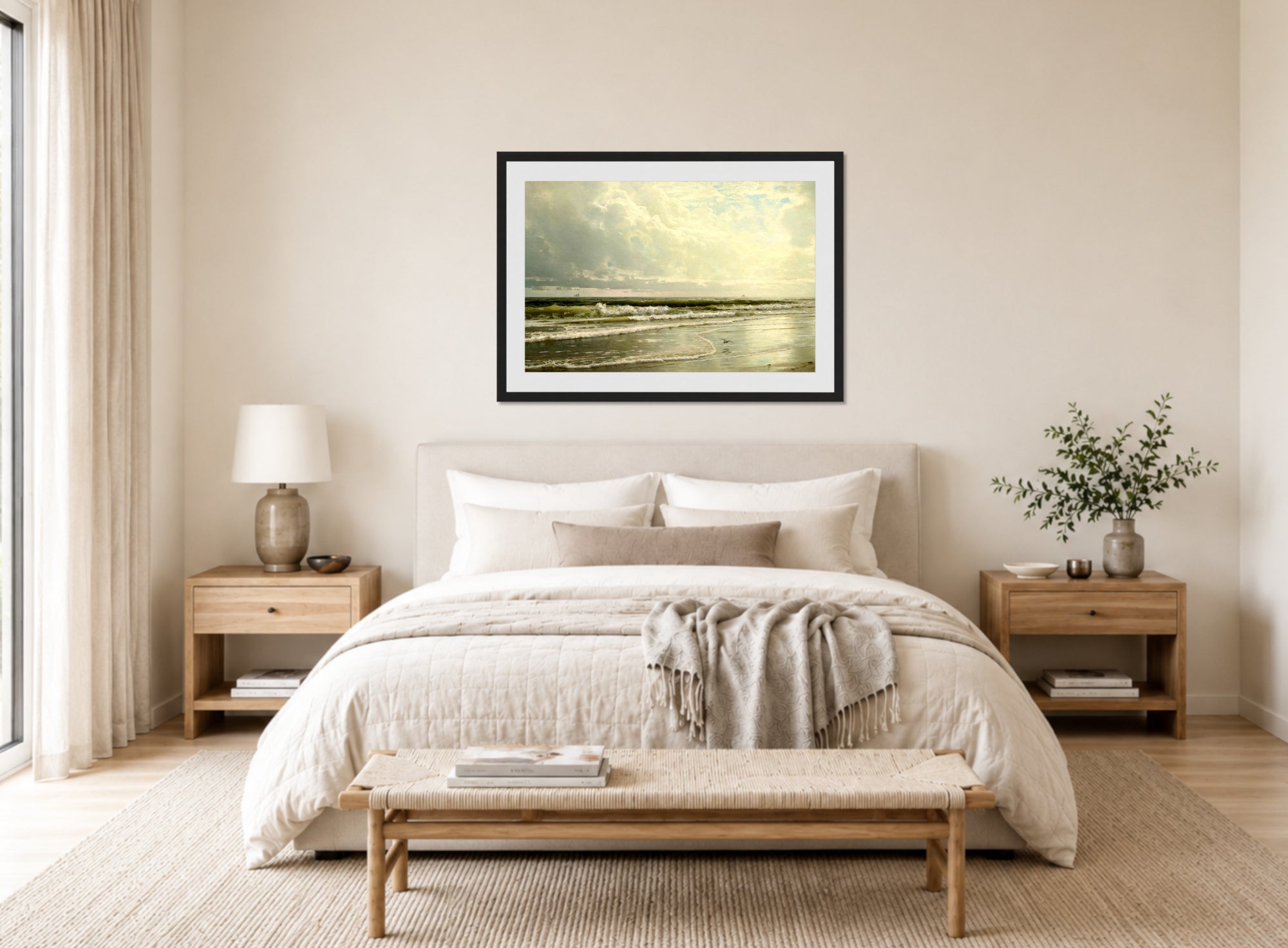 William Trost Richards Print, Rockaway Beach (1891) displayed above a bed