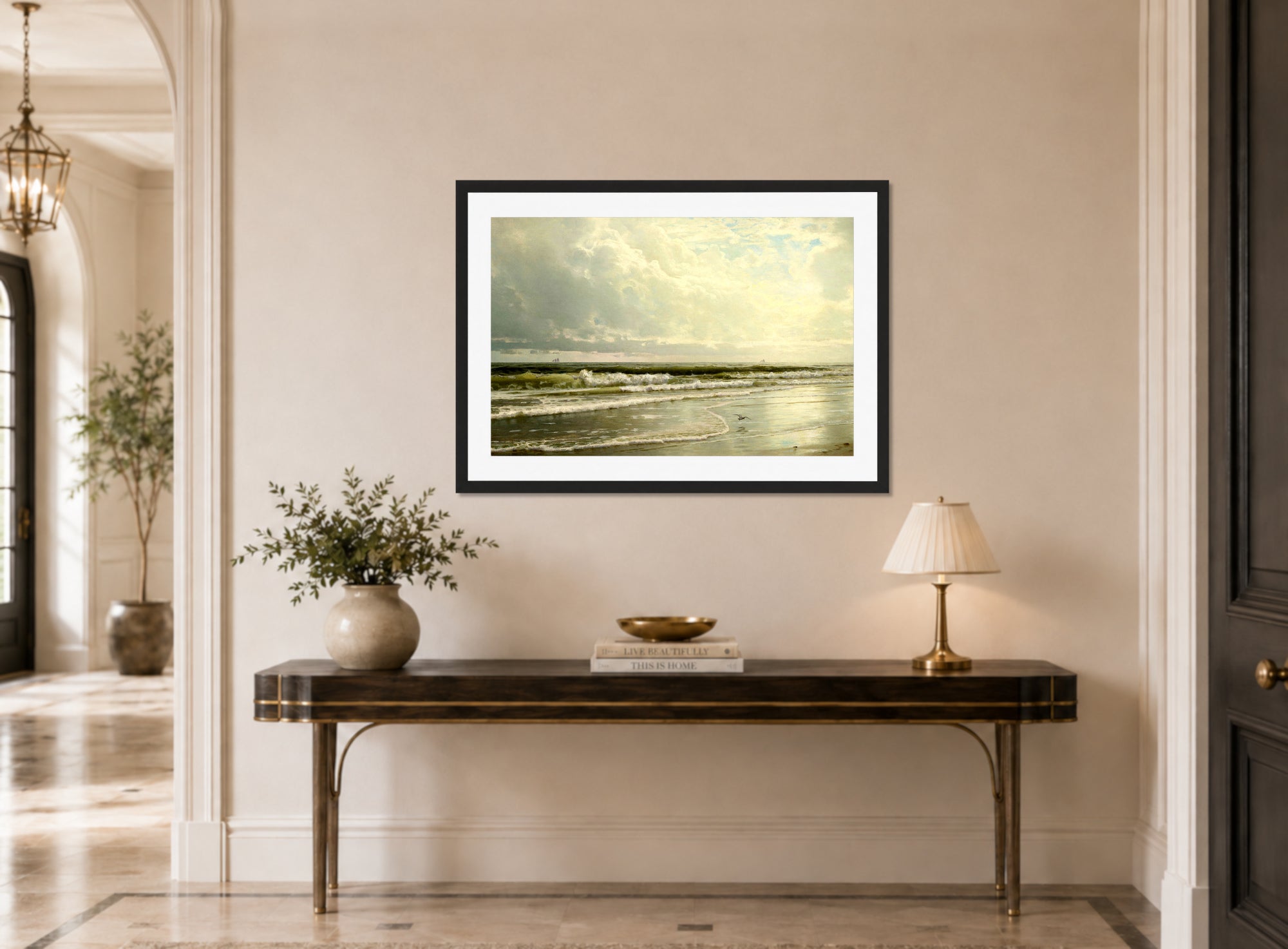 William Trost Richards Print, Rockaway Beach (1891) displayed above a console table