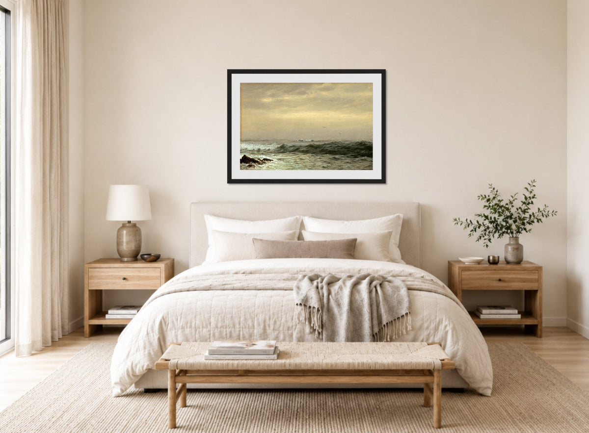 William Trost Richards Print, Rocks and Breaking Waves (c. 1870s) displayed above a bed