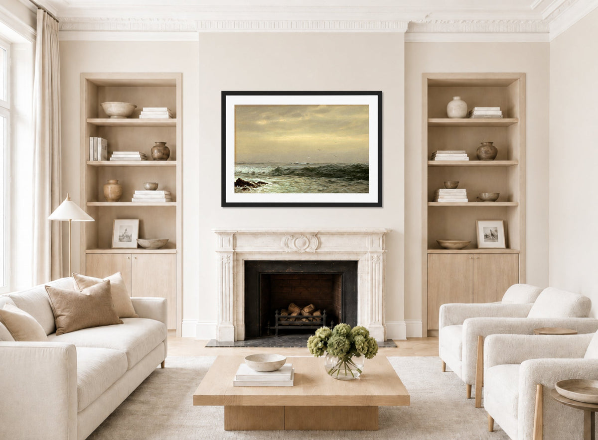 William Trost Richards Print, Rocks and Breaking Waves (c. 1870s) displayed in a Scandinavian living room