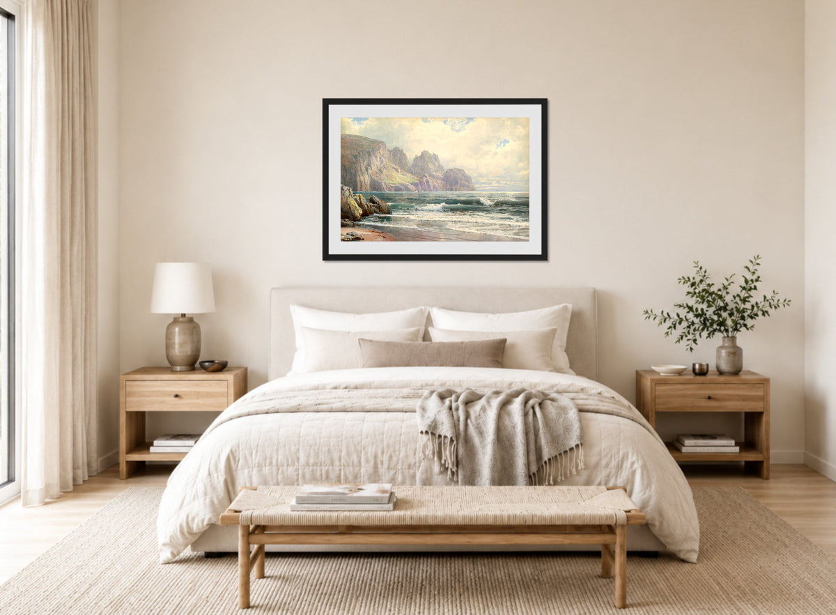 William Trost Richards Print, Rocky Coastline (1897) displayed above a bed