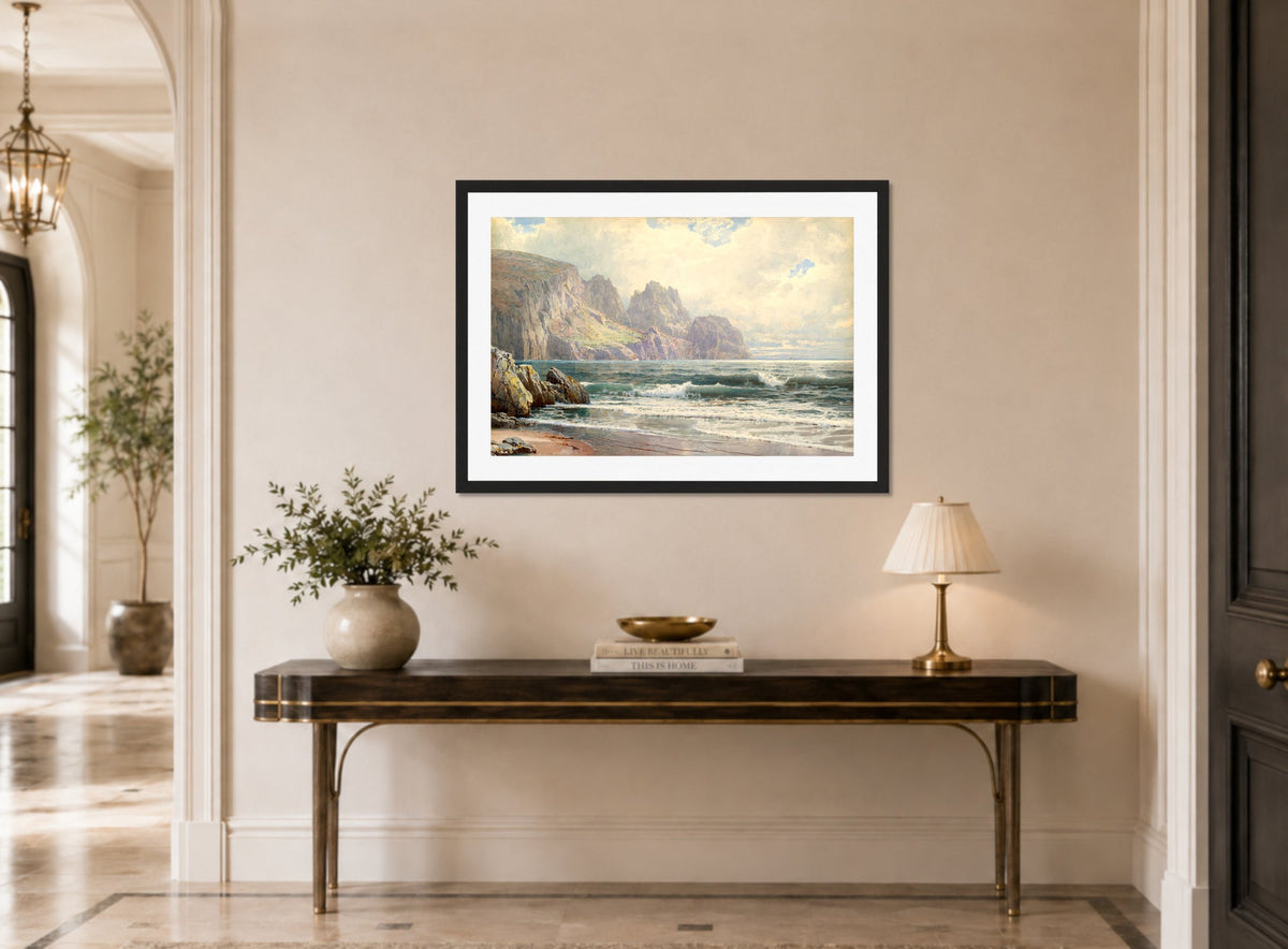 William Trost Richards Print, Rocky Coastline (1897) displayed above a console table
