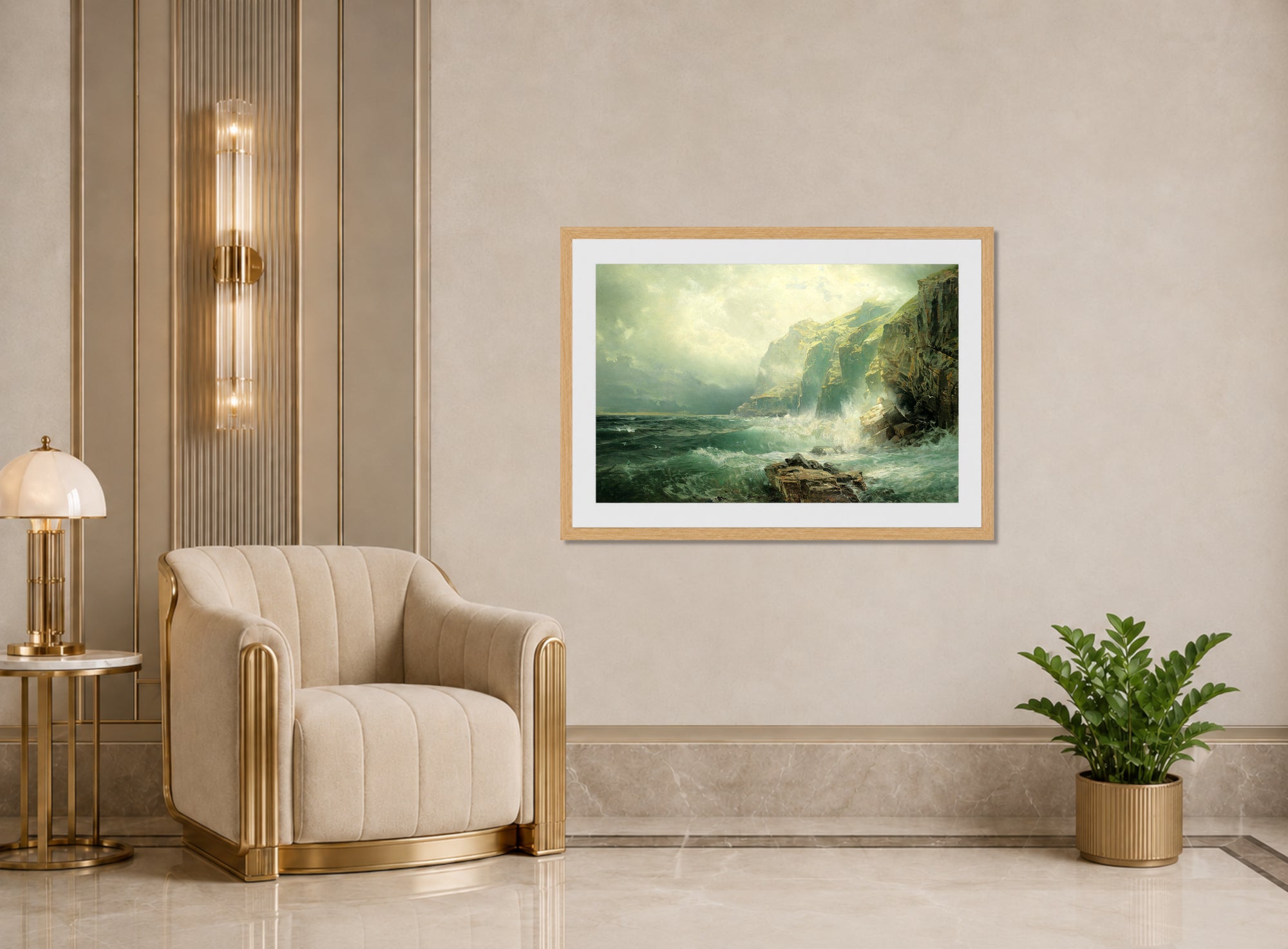 William Trost Richards Print, Rocky Coastline, Cornwall (1886) displayed in an Art Deco interior